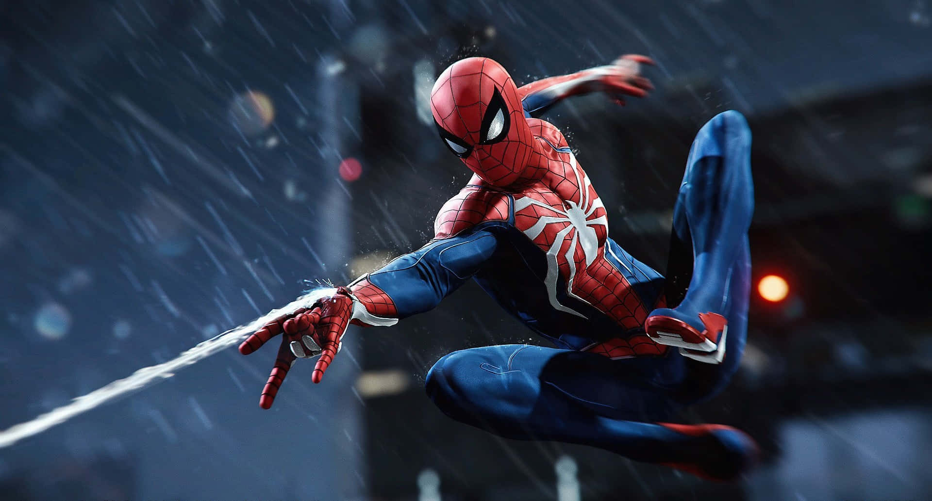 Marvel Ps4 Spiderman Web Shooting In The Rain Background