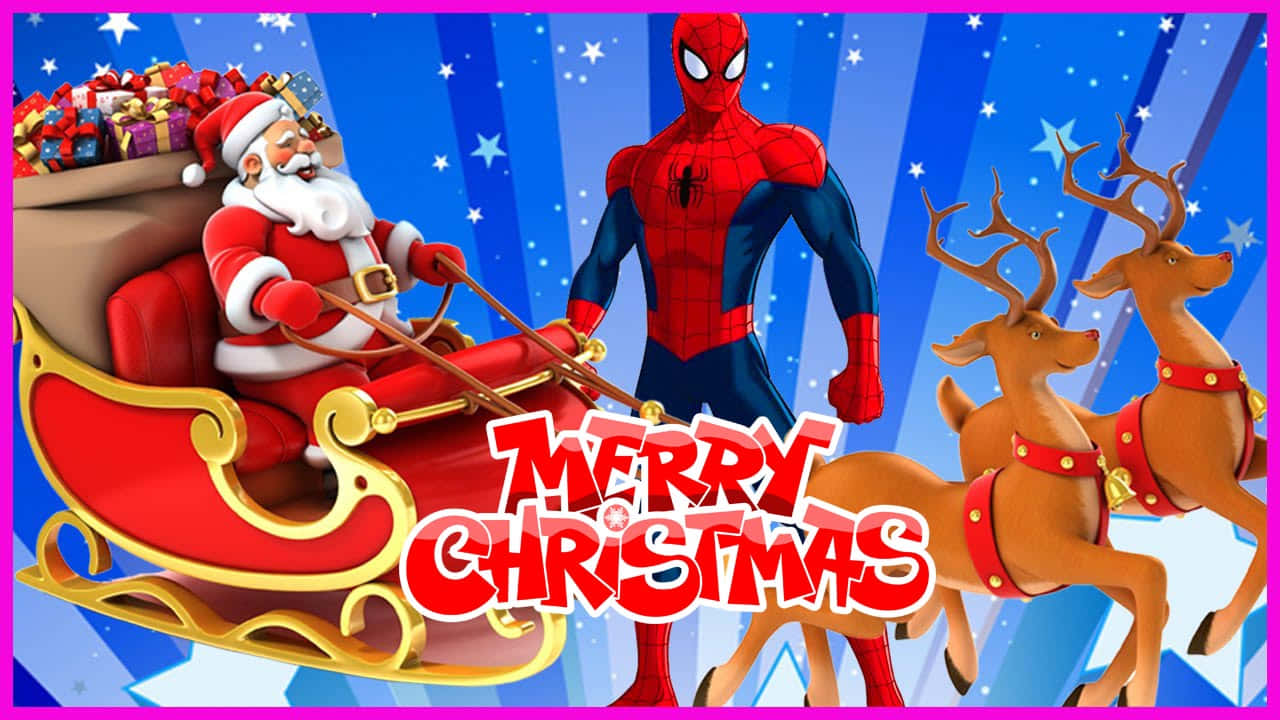 Marvel Spiderman Christmas Santa And Reindeers Background
