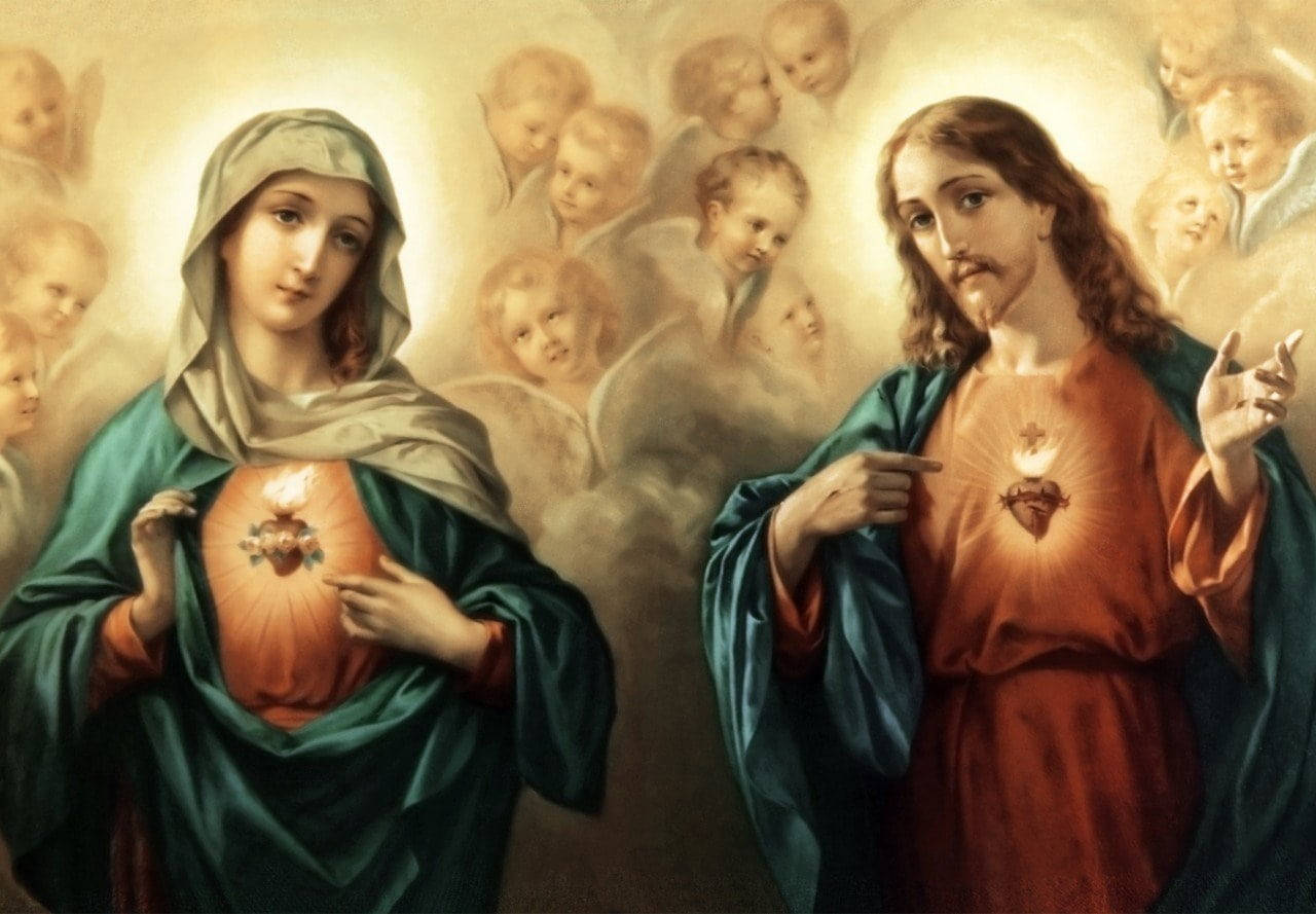 Mary And Jesus Hearts Background