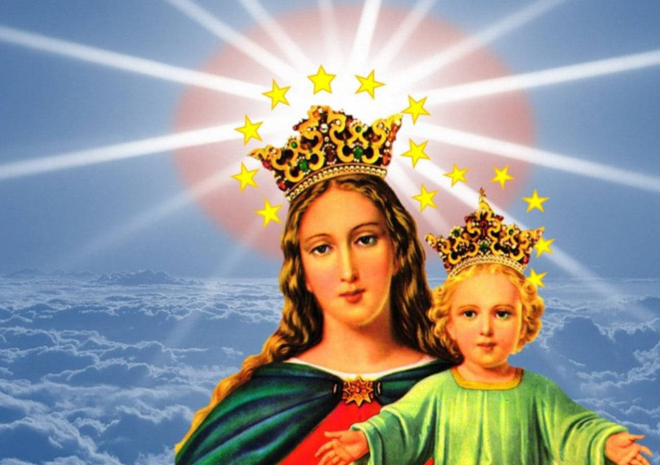 Mary And Jesus Shining Crowns Background
