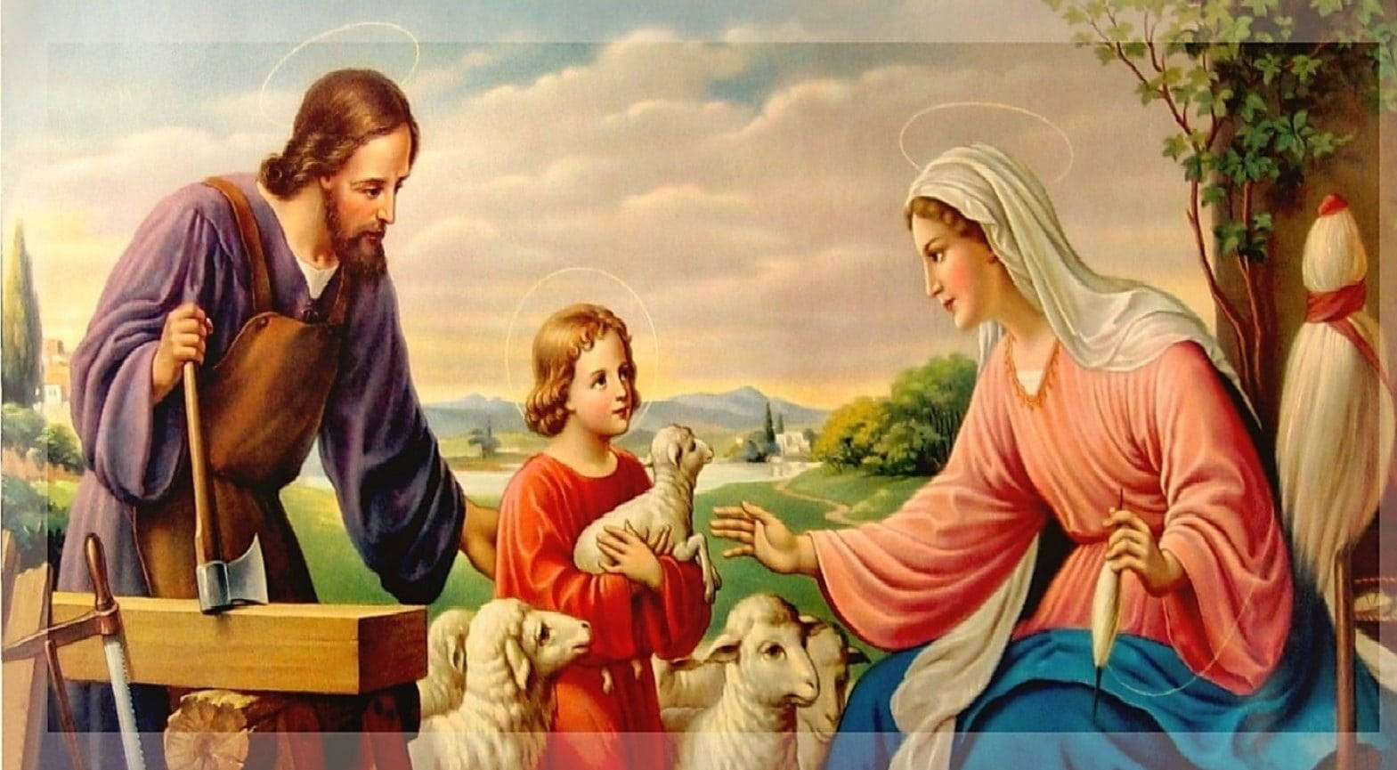 Mary And Jesus With Lambs Background