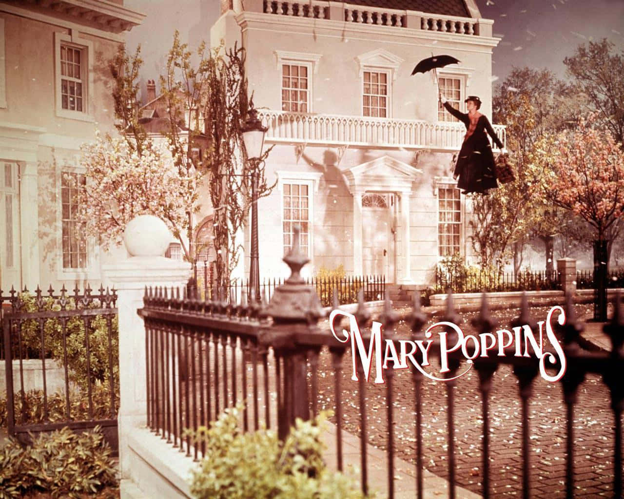 Mary Poppins Floating Gracefully With Her Magical Umbrella