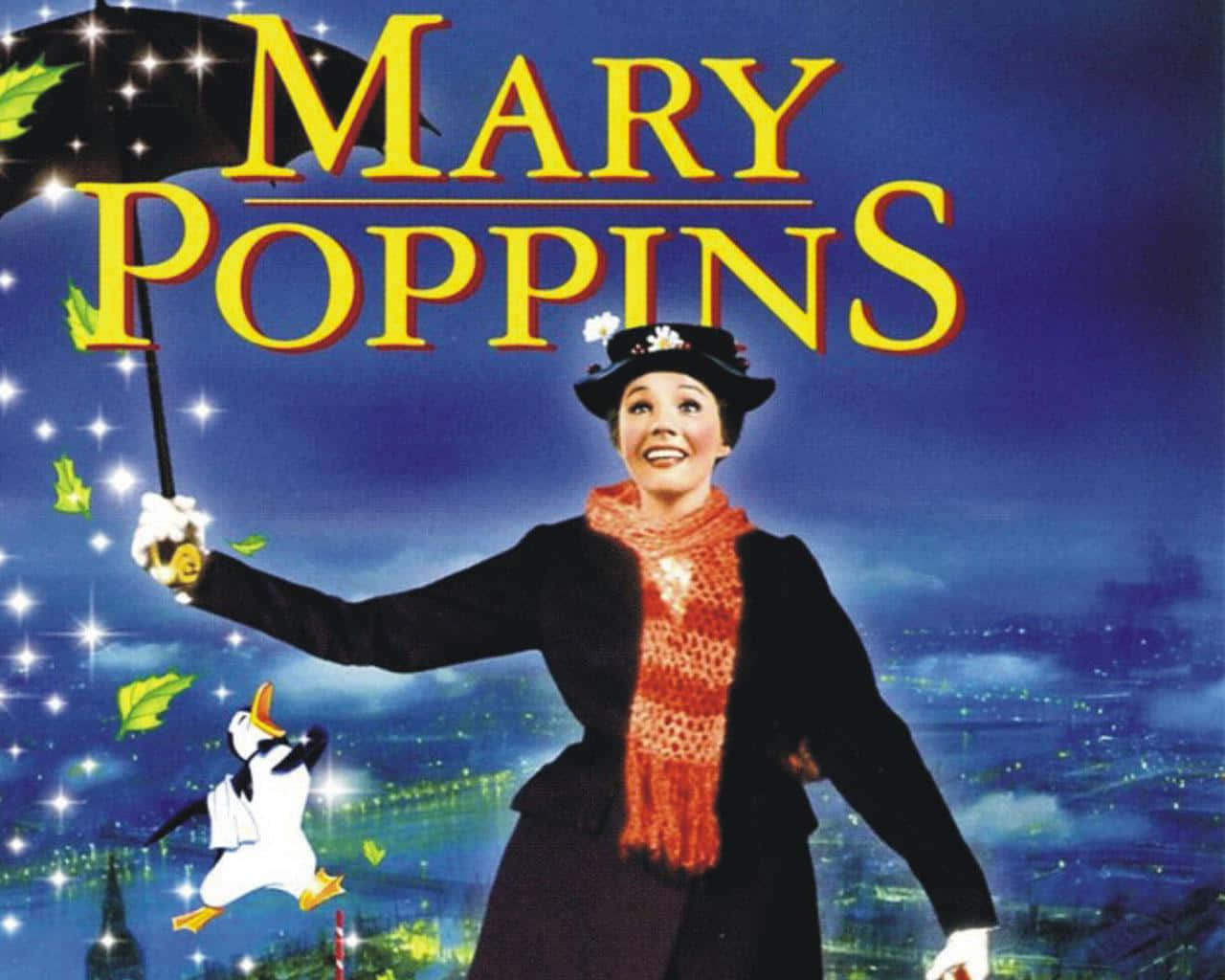 Mary Poppins Soaring High With Umbrella Background