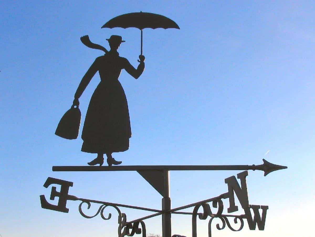 Mary Poppins With Her Magical Umbrella Flying Over London Background