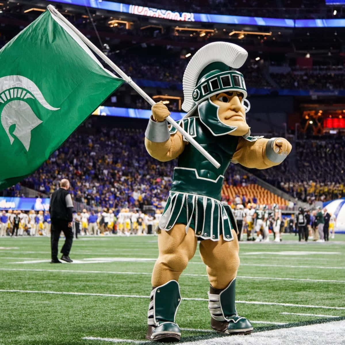 Mascot With Michigan State Spartans Flag Background