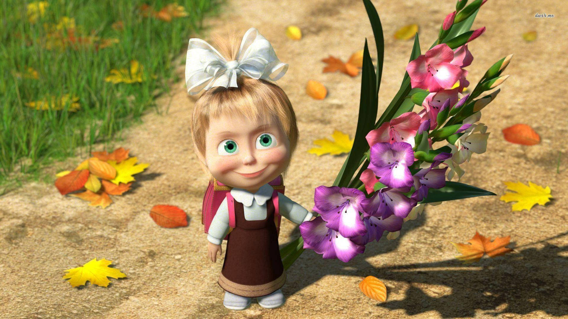 Masha And The Bear Enjoying A Beautiful Flower Field Background