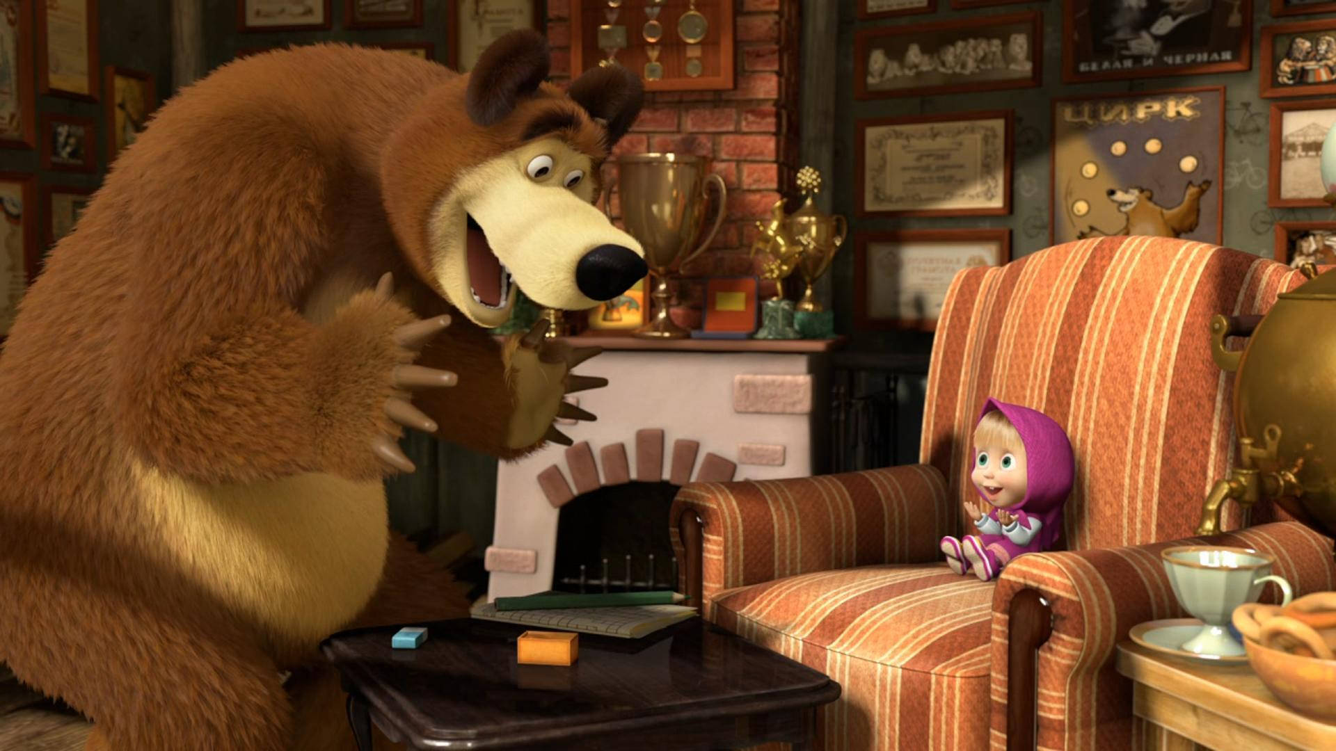 Masha And The Bear Enjoying A Day In A Cosy House Background