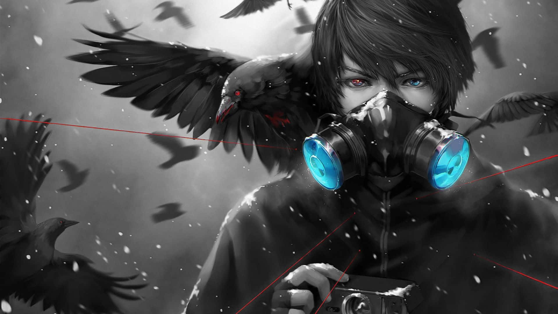 Mask Boy Anime Red Eyes Crows Background
