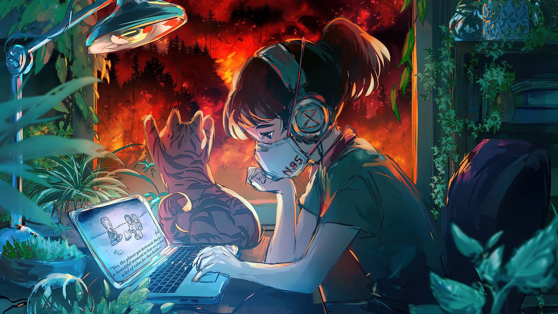 Masked Anime Girl Works On Laptop With Her Cat