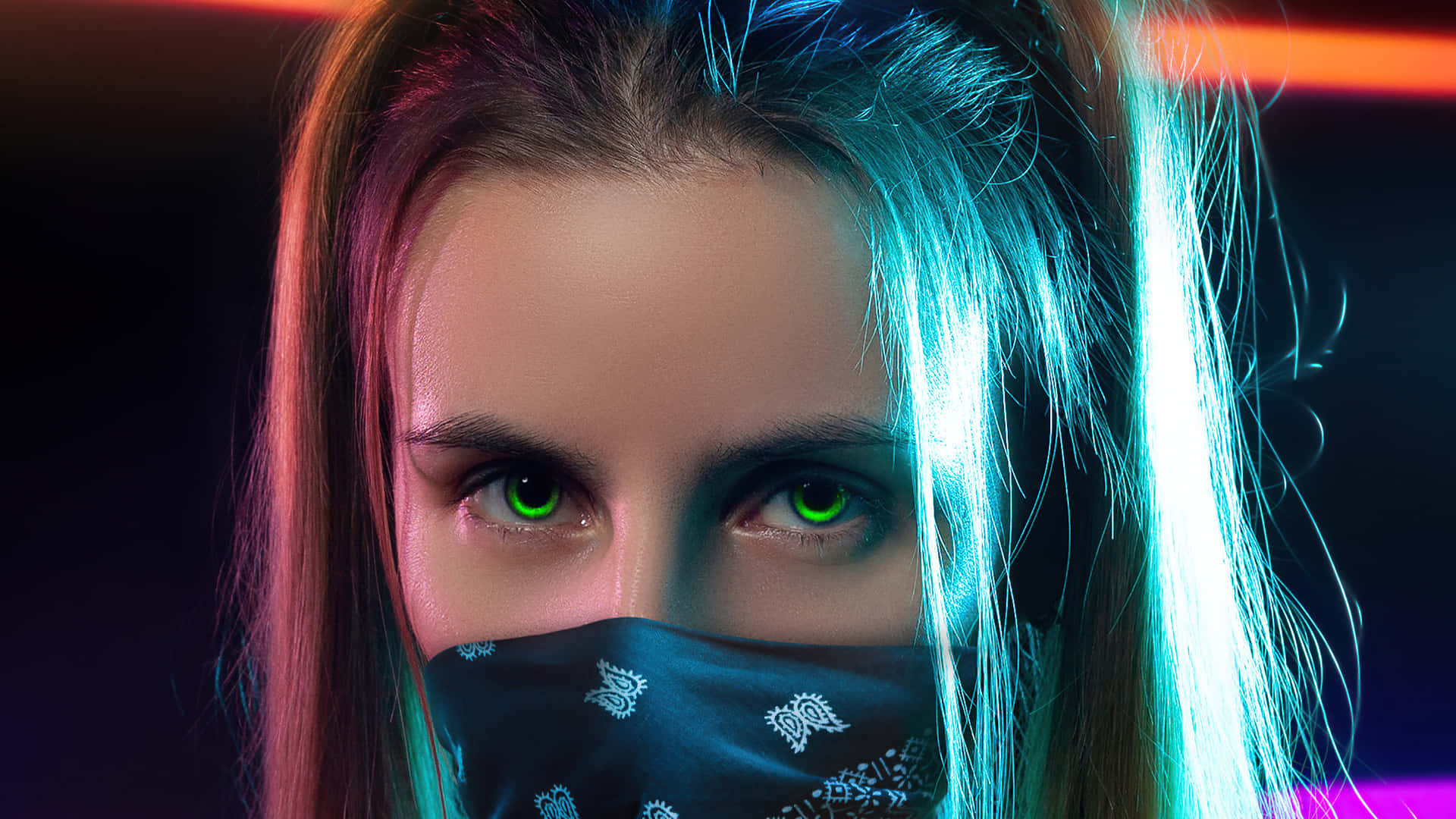 Masked Girl With Neon Green Eyes Background