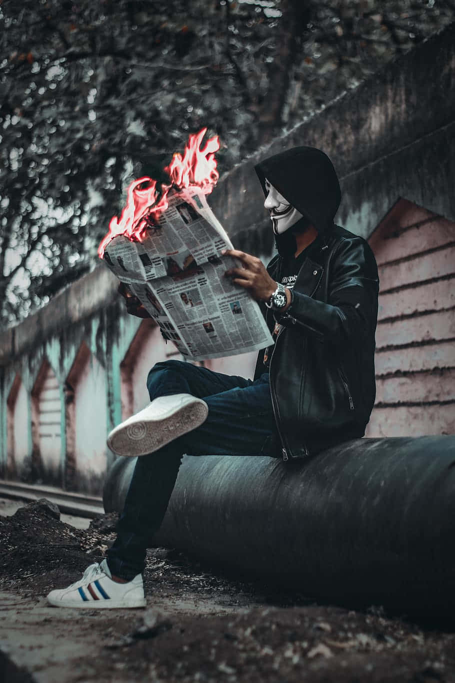 Masked Lonely Man Sit Down Background