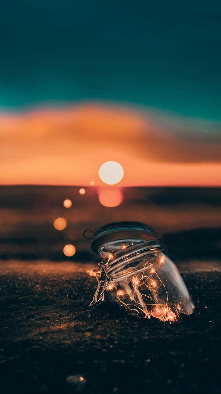 Mason Jar With Fairy Light Sunset Beach Nature Aesthetic Phone Background