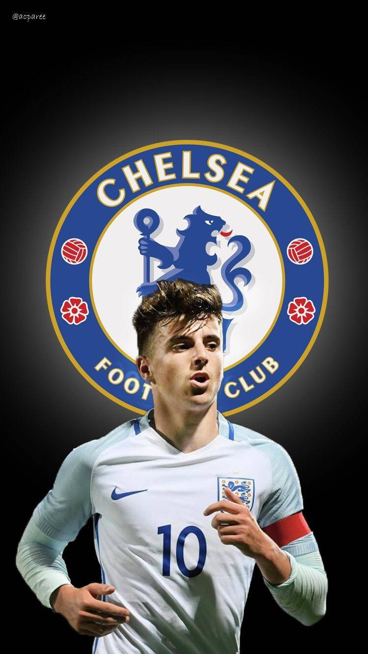 Mason Mount Sprinting With Chelsea Logo Background