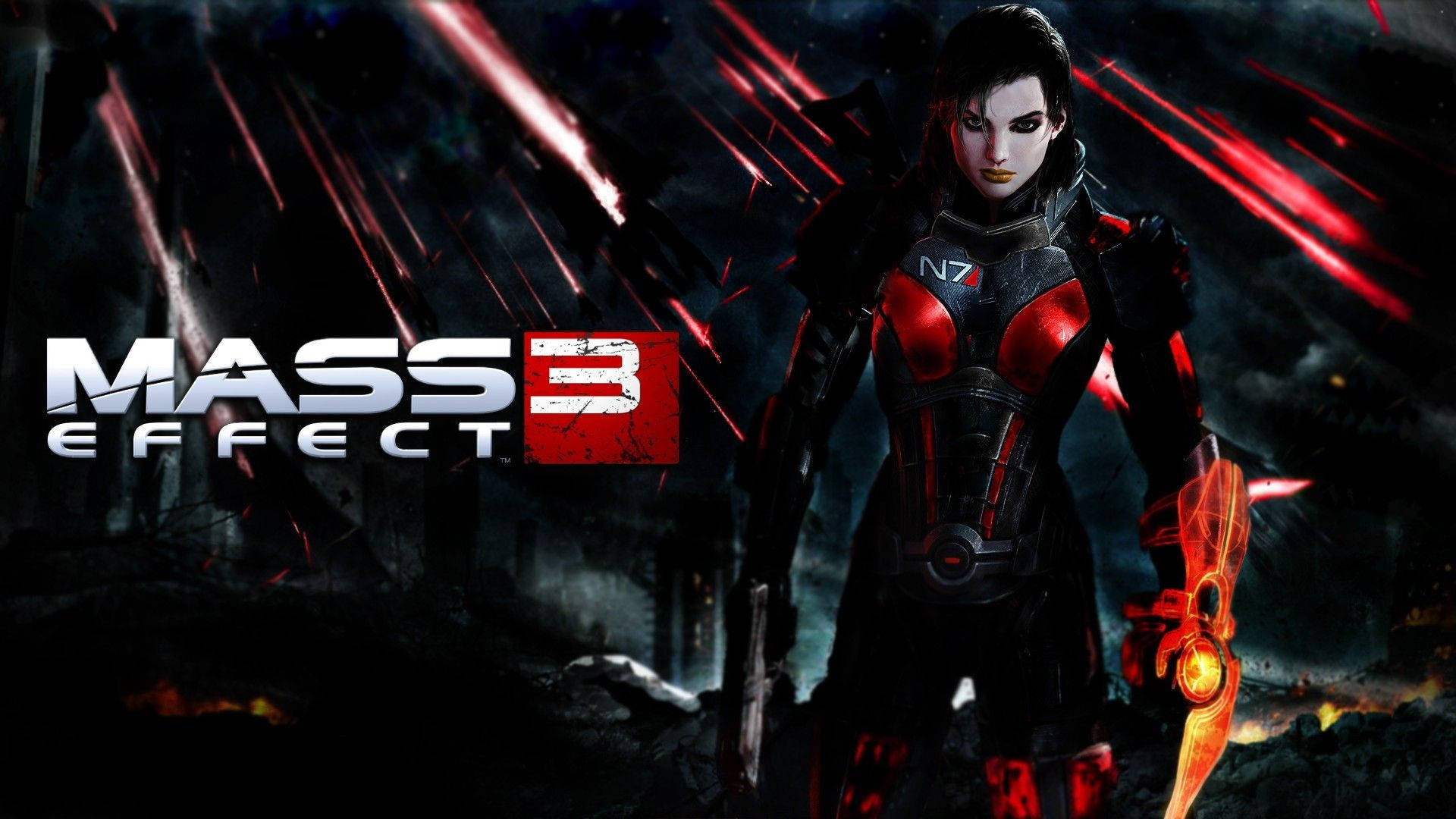 Mass Effect 3 Femshep In Red And Black Armor Background