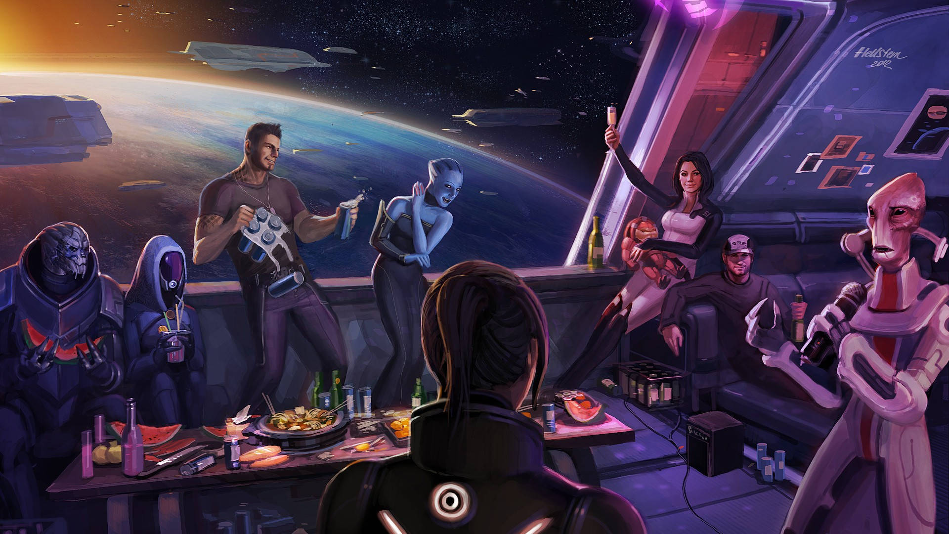 Mass Effect 3 Squad Partying At Citadel Background