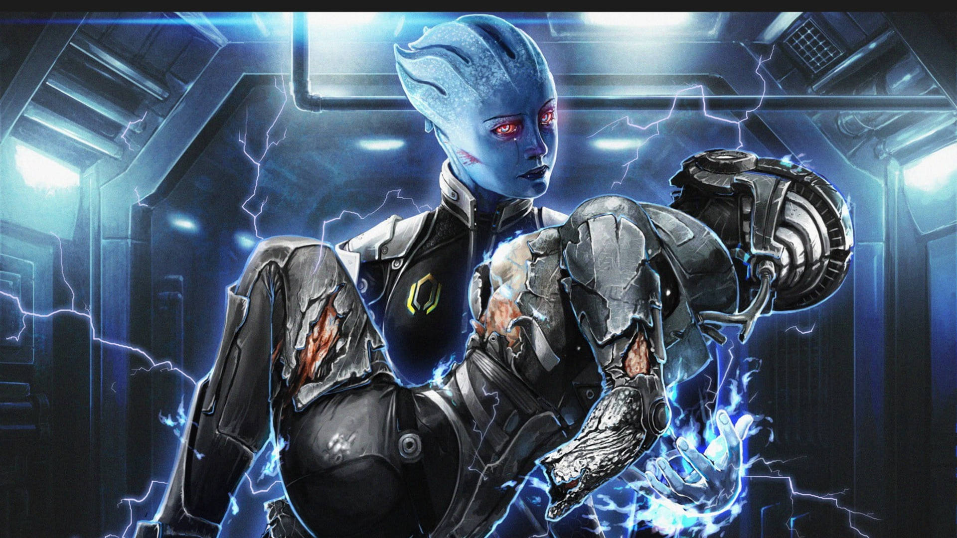 Mass Effect Liara And Damage Robot Background