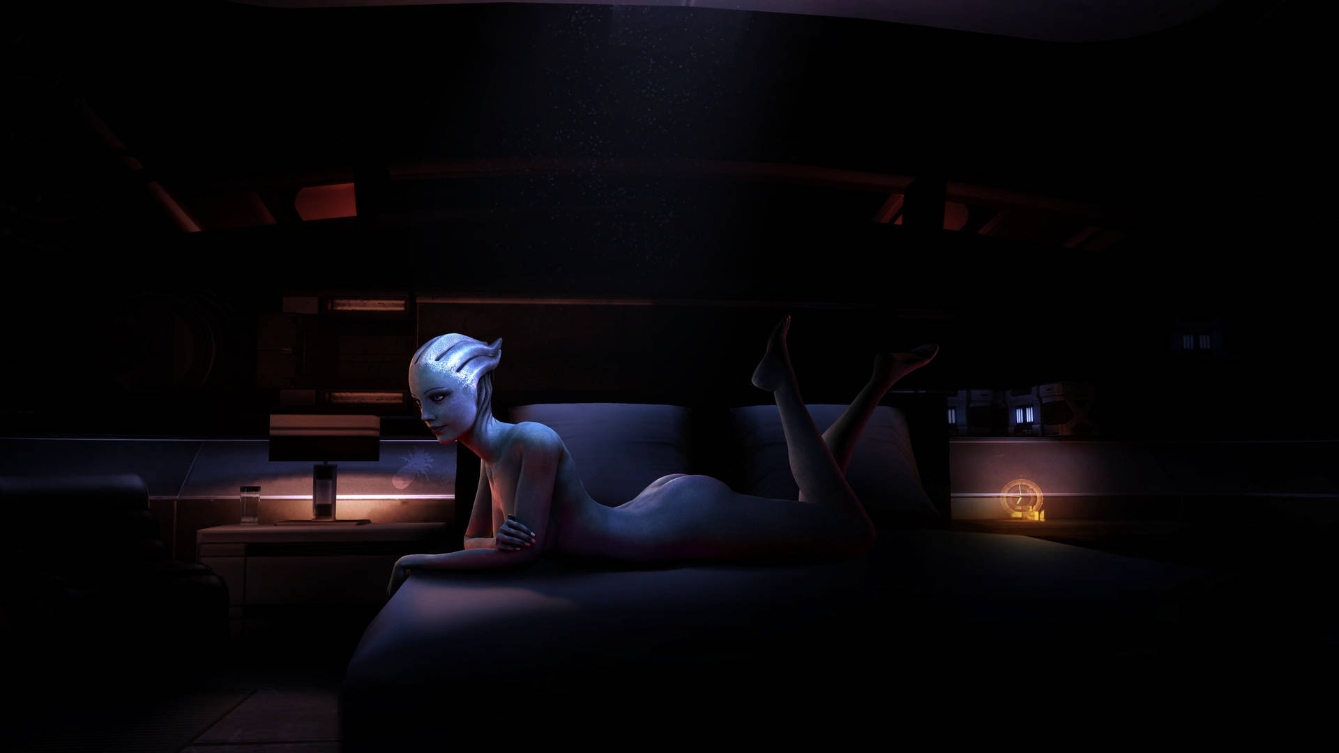 Mass Effect Liara On Bed Background