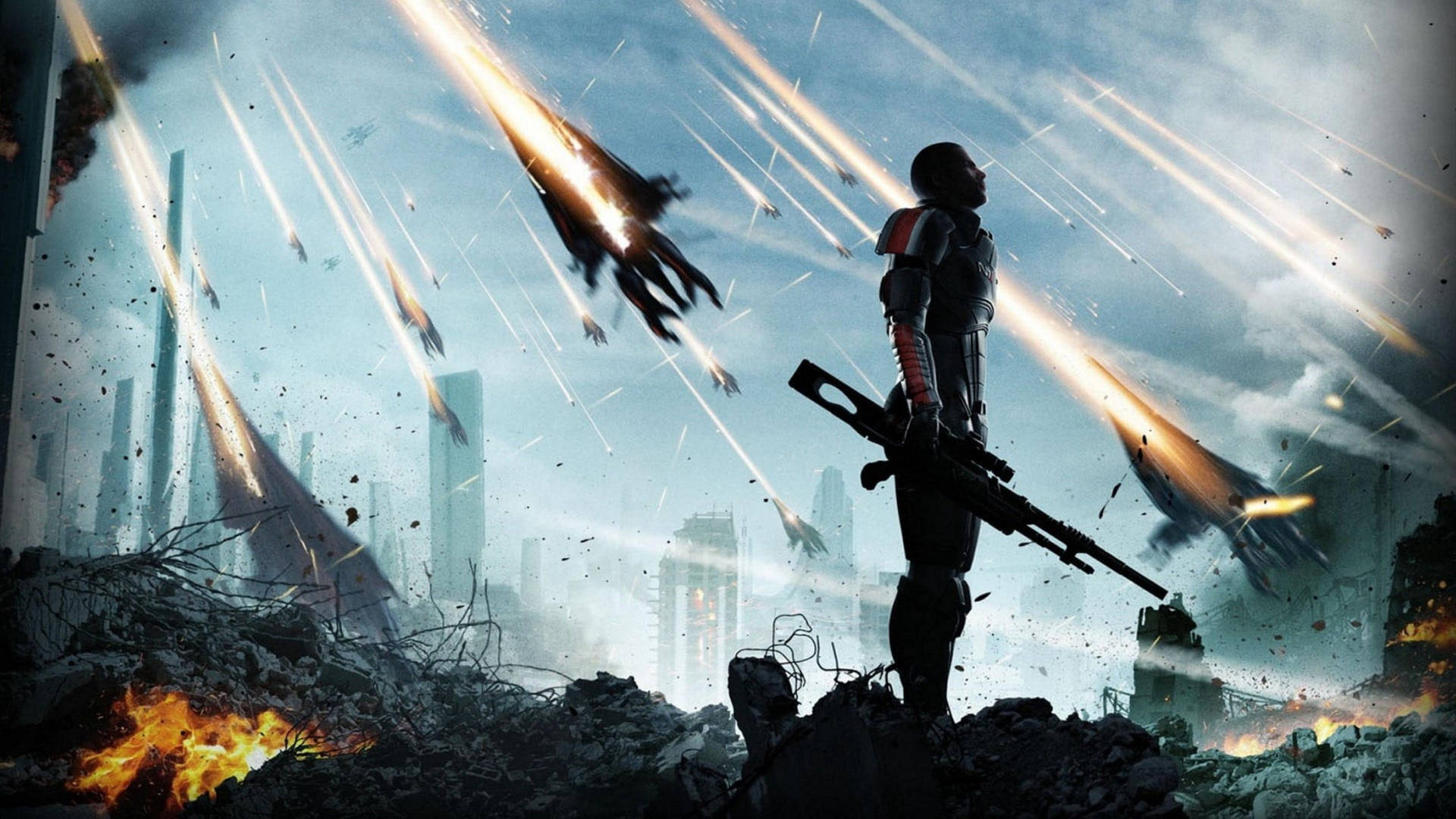 Mass Effect Shepard In Battle Field Background