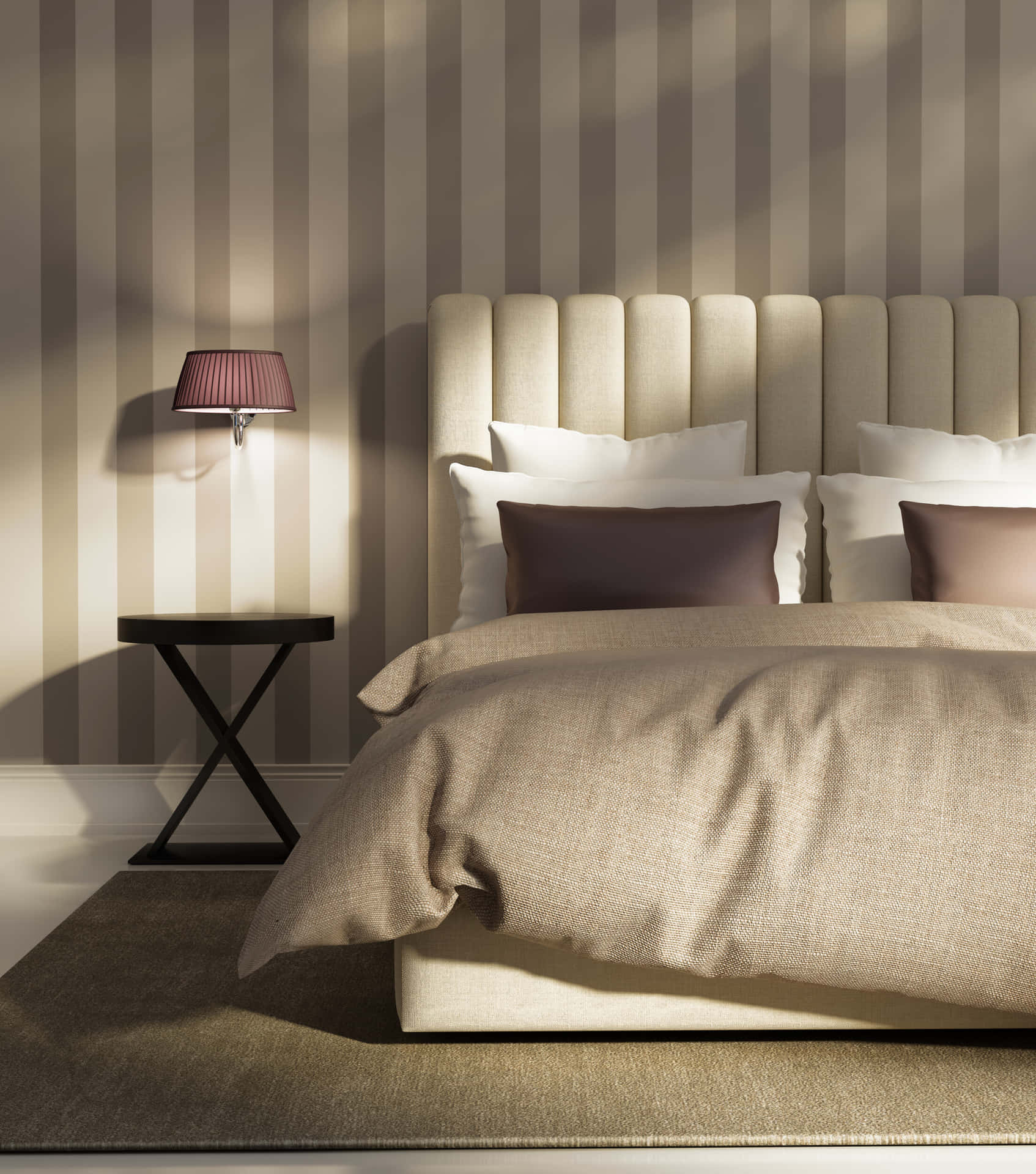 Master Bed In Gray Striped Wall Background