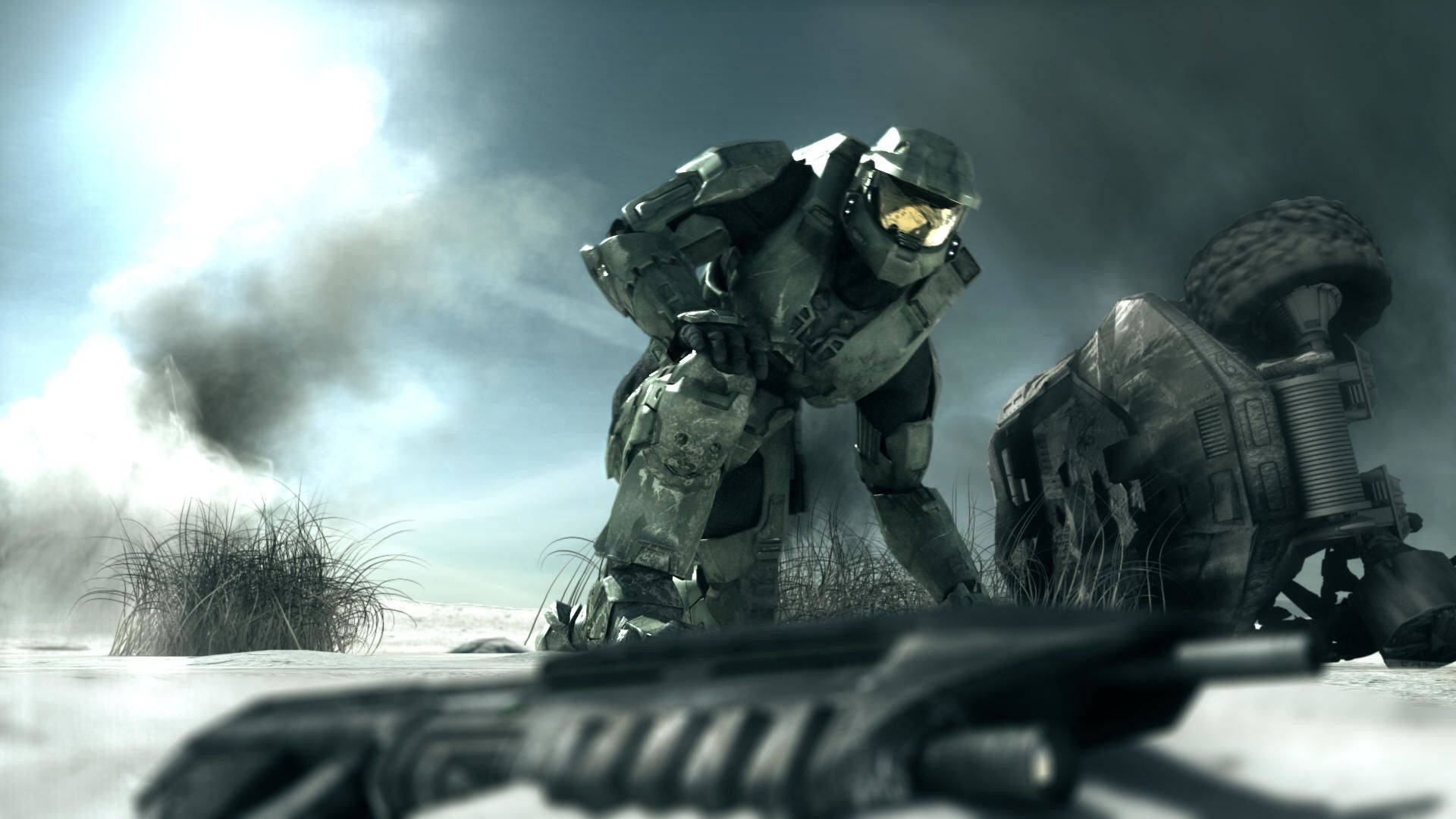 Master Chief Beside Fallen Vehicle Background