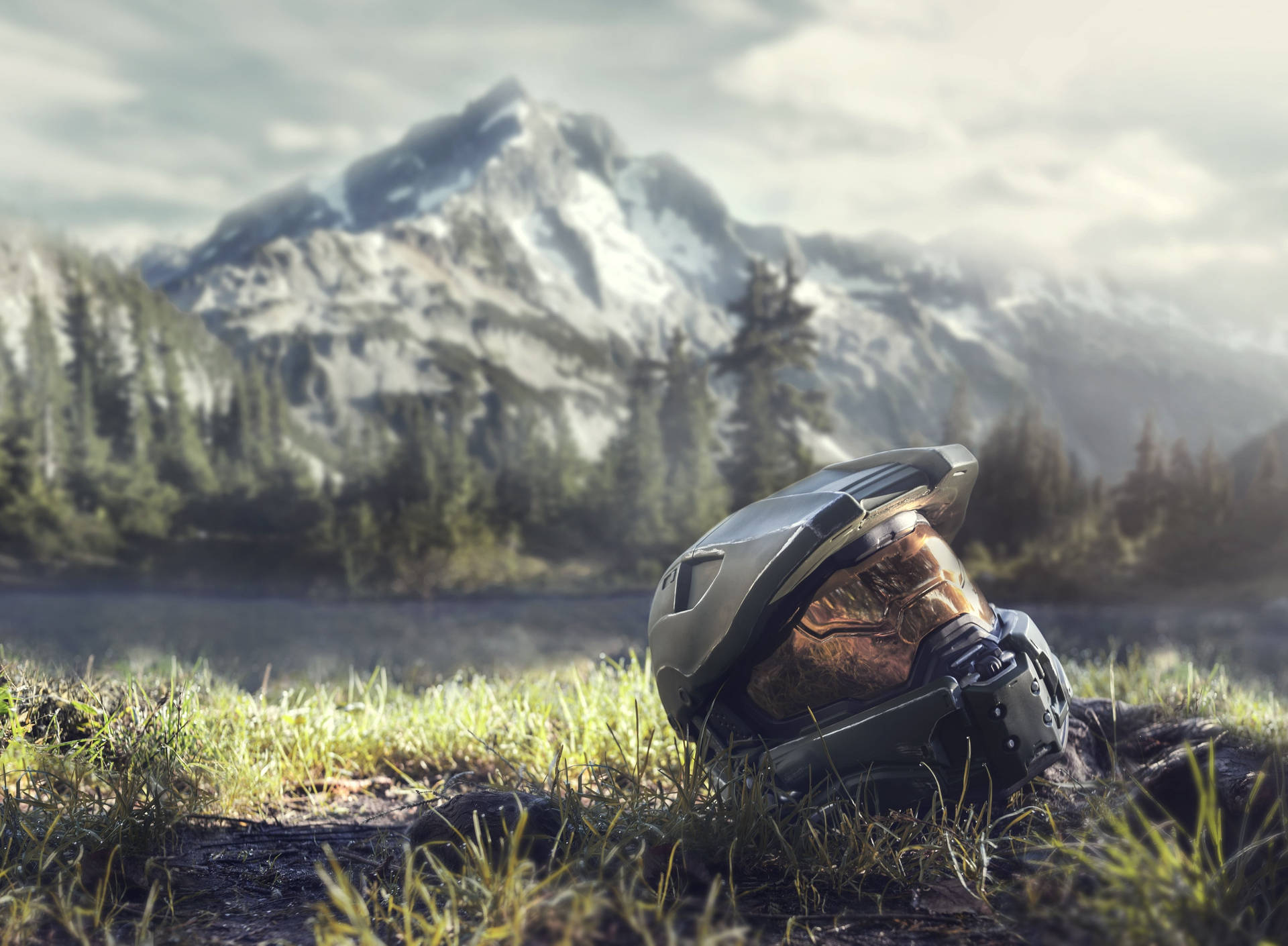 Master Chief Helmet And Mountain Background