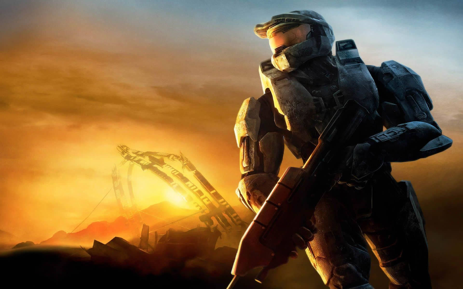 Master Chief Standing At Field Background