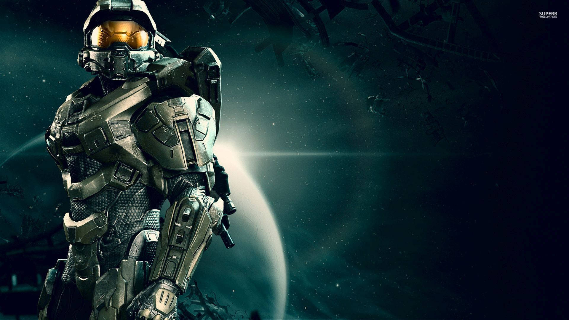 Master Chief With Planet Behind Background