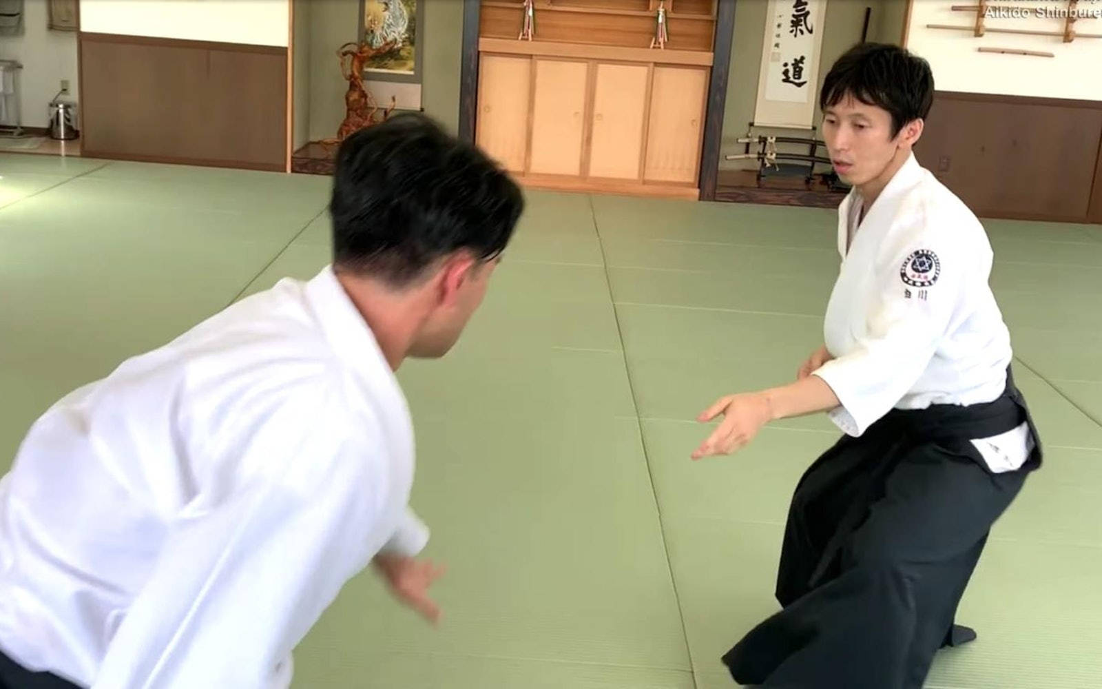 Masterful Aikidokas Displaying Defensive Stance In Aikido Practice Background