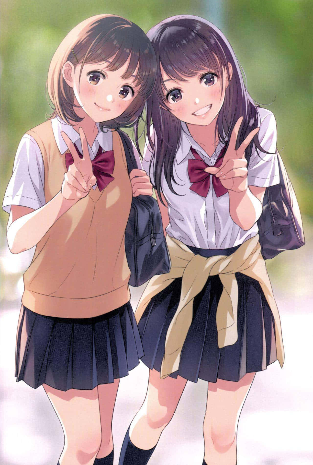 Matching Anime Girls Peace Sign Background