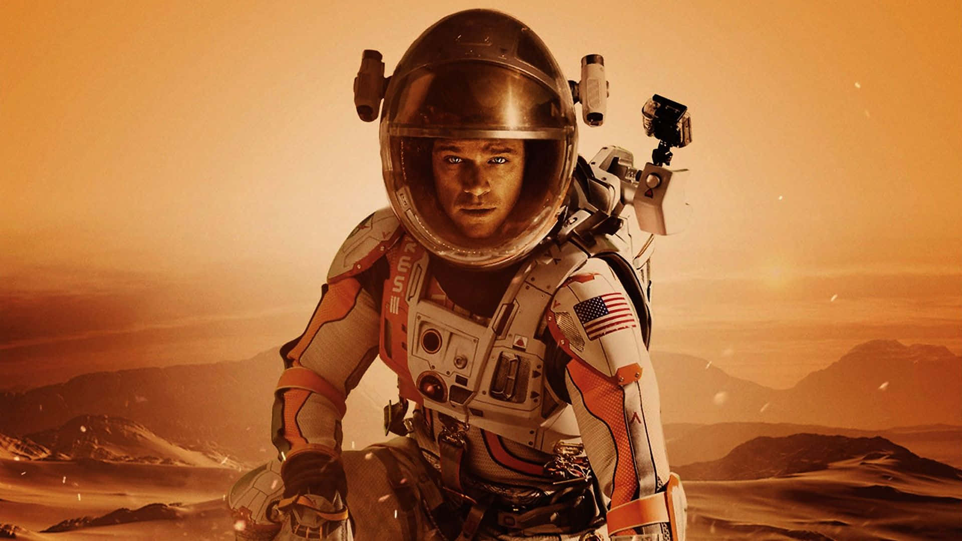 Matt Damon As Mark Watney Standing On The Harsh Martian Landscape Background