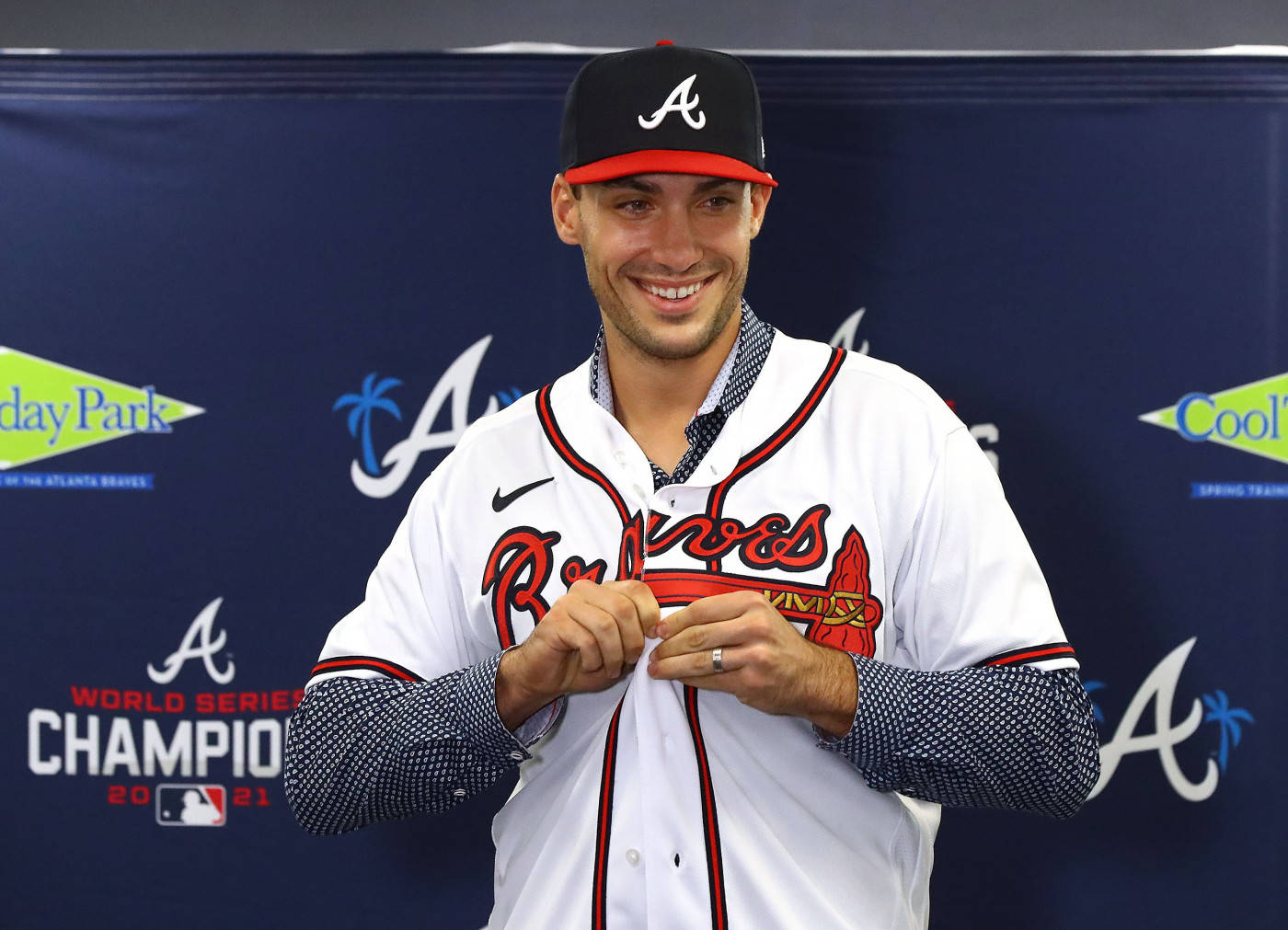 Matt Olson Hands On His Chest Background