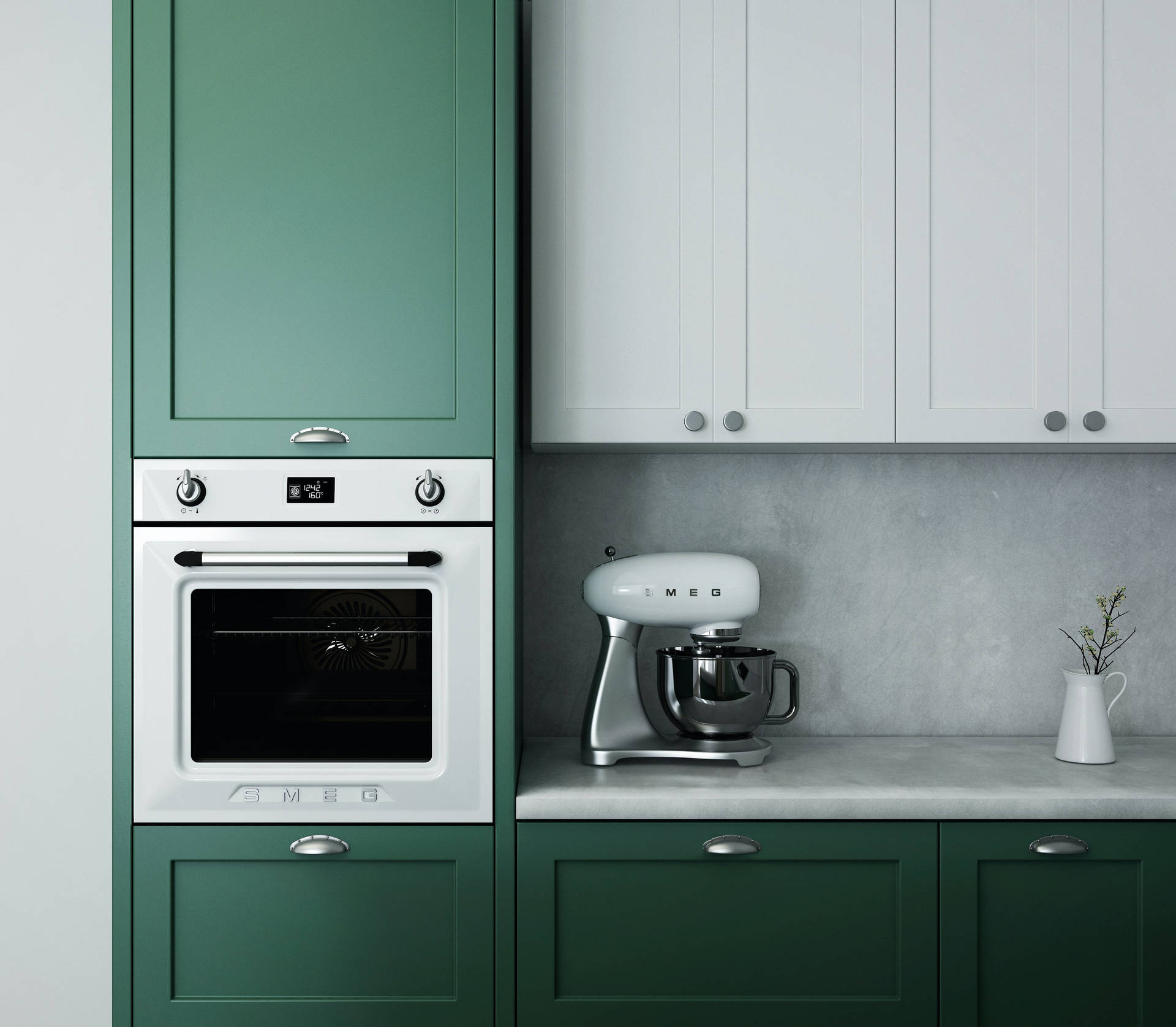 Matted Green And White Kitchen