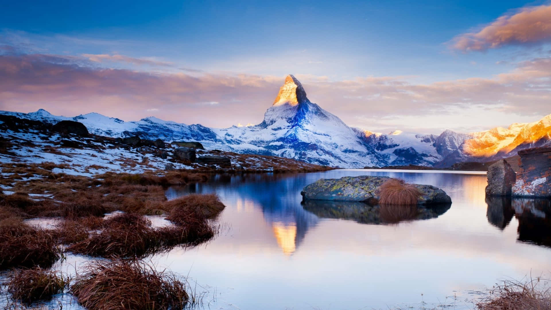 Matterhorn Reflection On Stellisee Lake Background