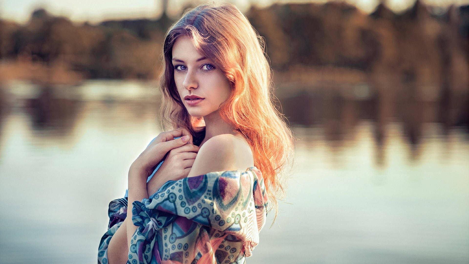 Mature Woman By A Lake Background