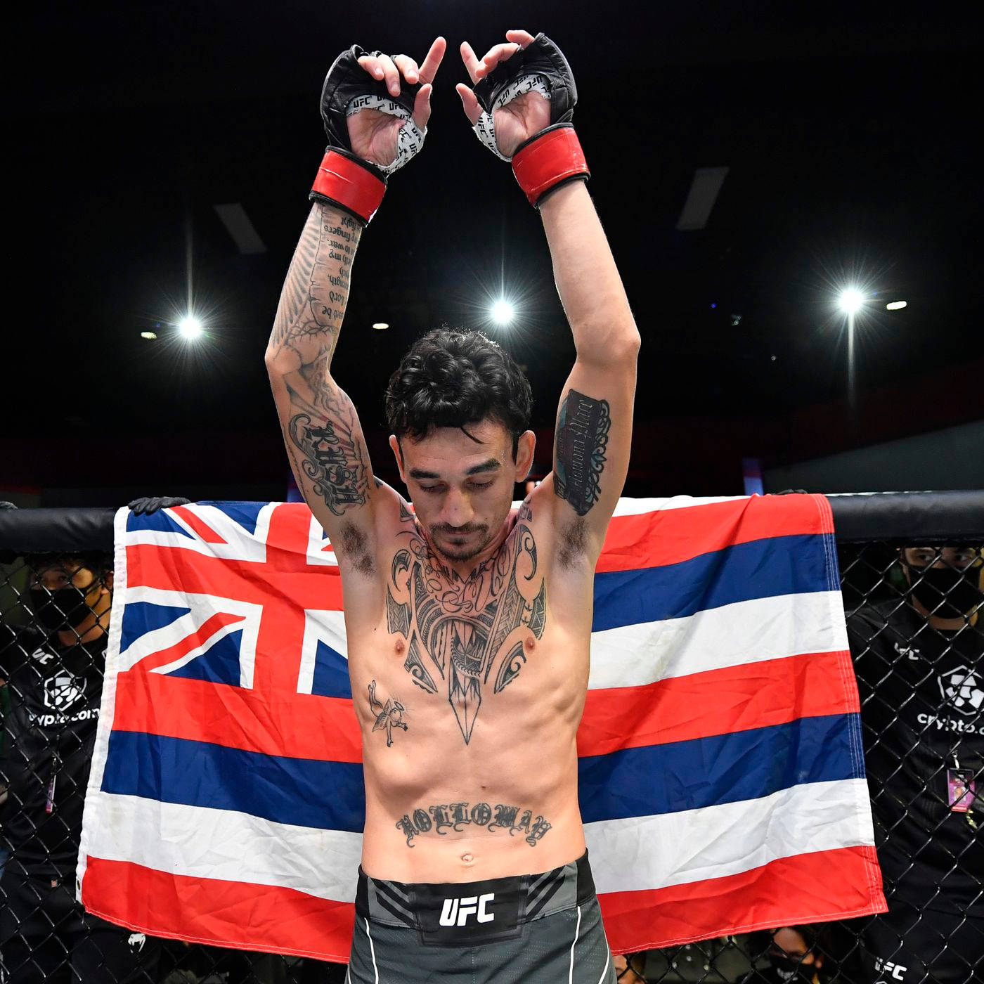 Max Holloway In Front Of Hawaiian Flag Background