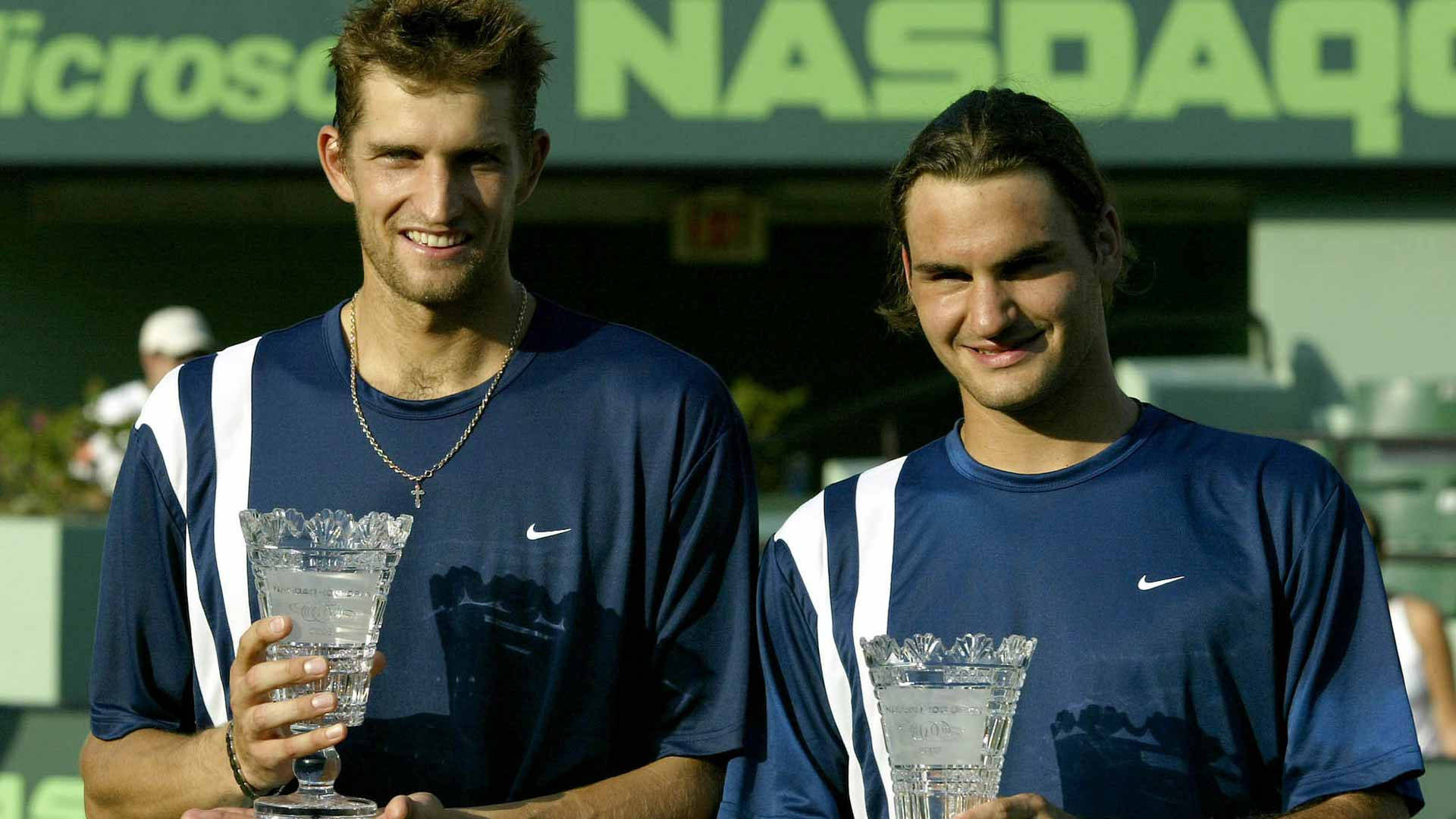 Max Mirnyi And Roger Federer Posing Background