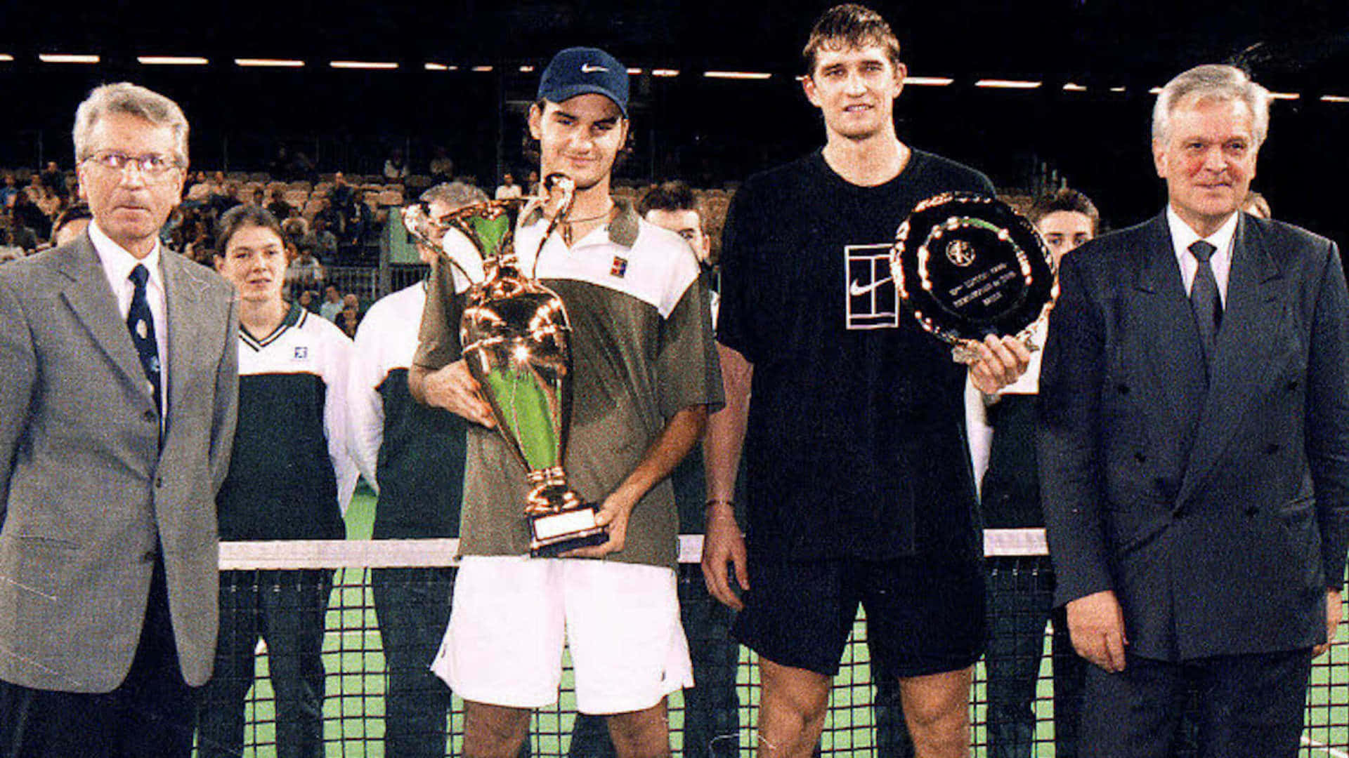 Max Mirnyi With Roger Federer At Wimbledon Background