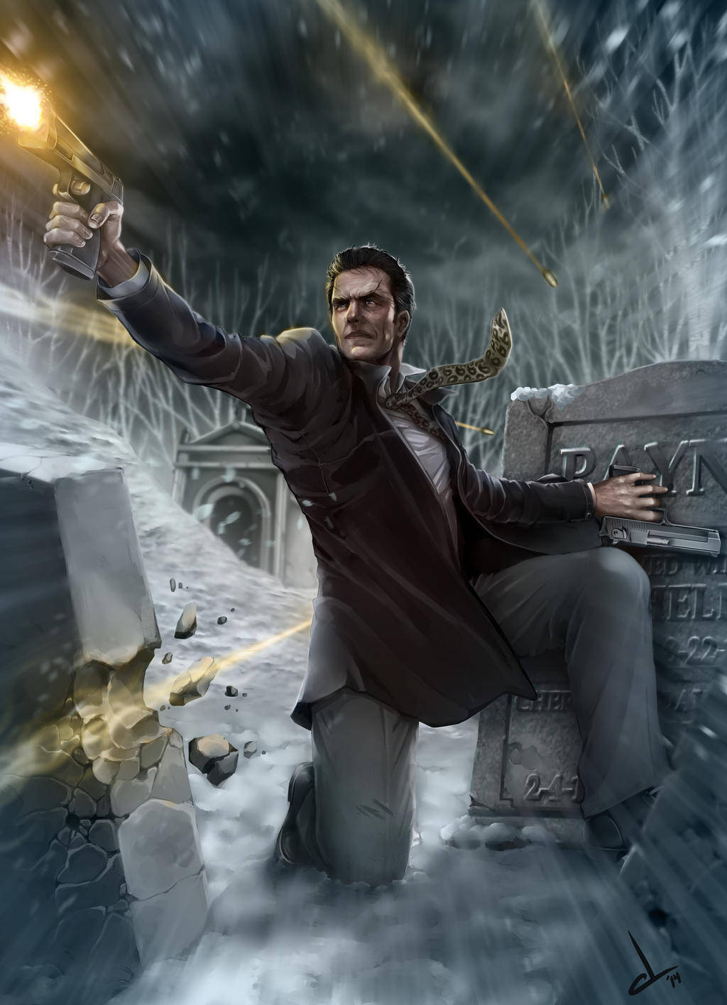 Max Payne Bravely Battling In A Graveyard. Background