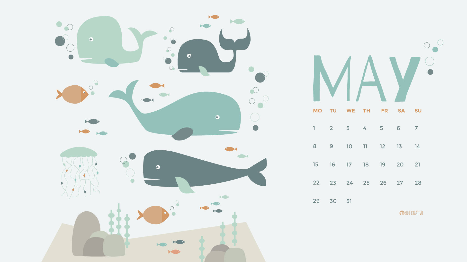 May 2022 Calendar Cute Fish And Whales Background