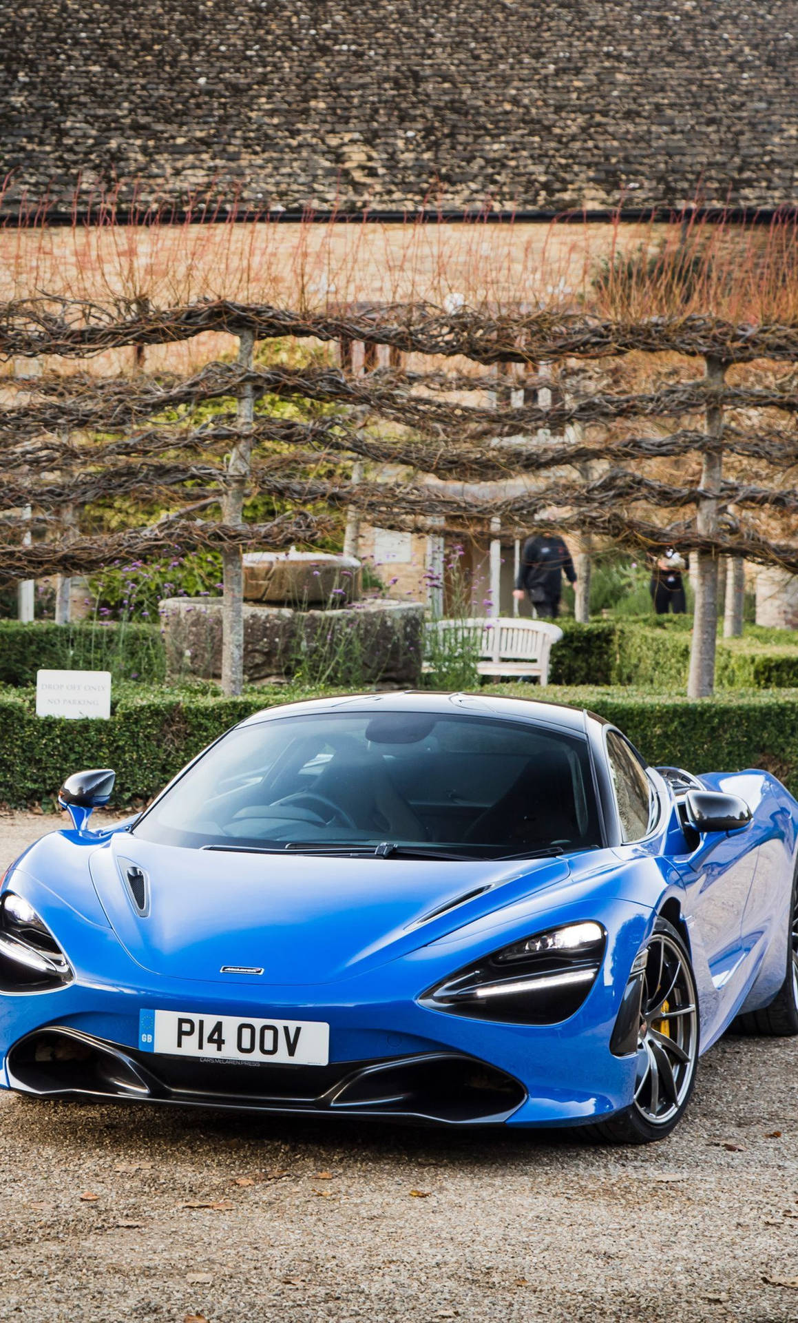 Mclaren 720s Blue Car In Garden Phone Background