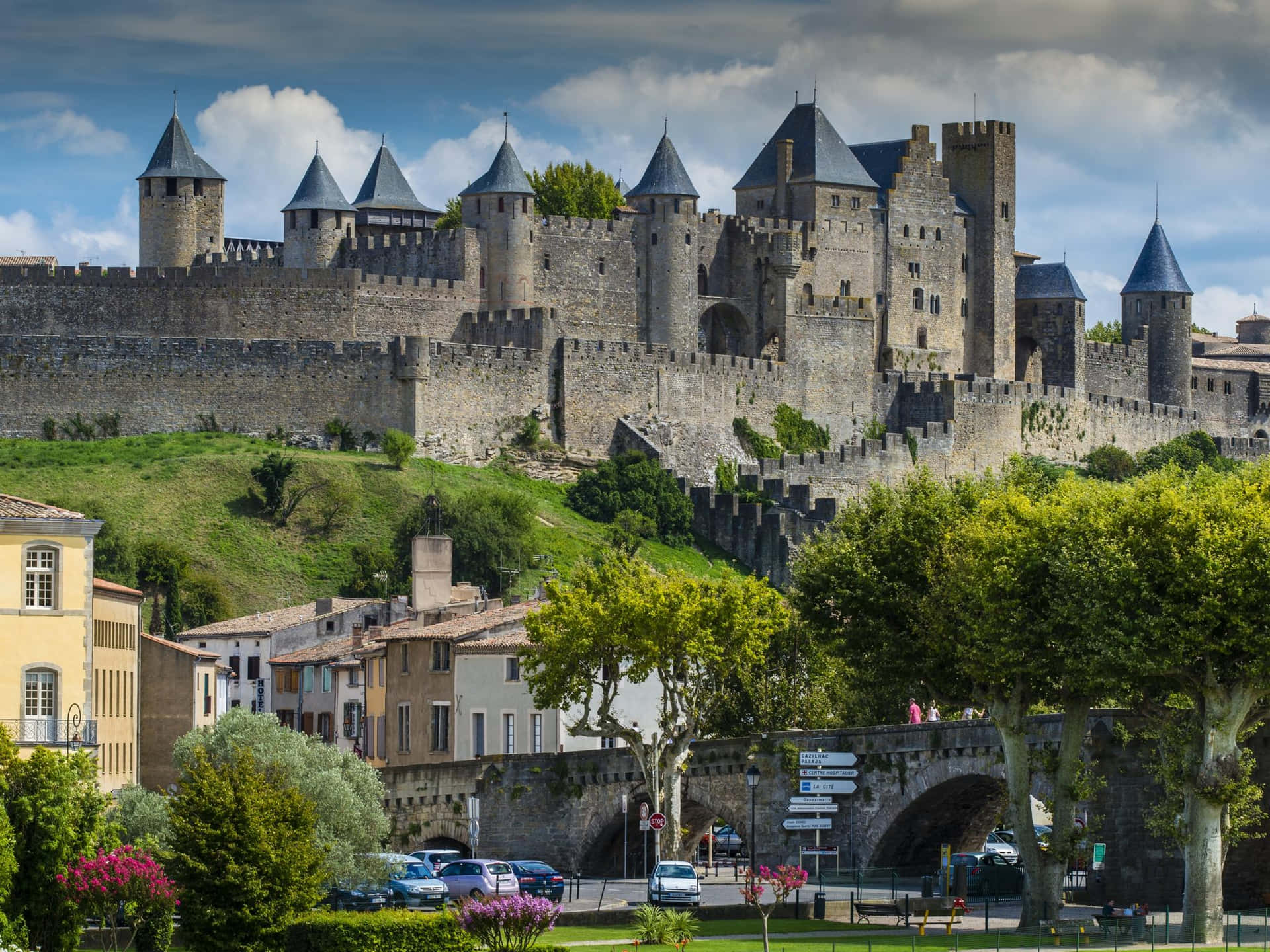Medieval Fortified City With Chateau Comtal In Carcassonne Background