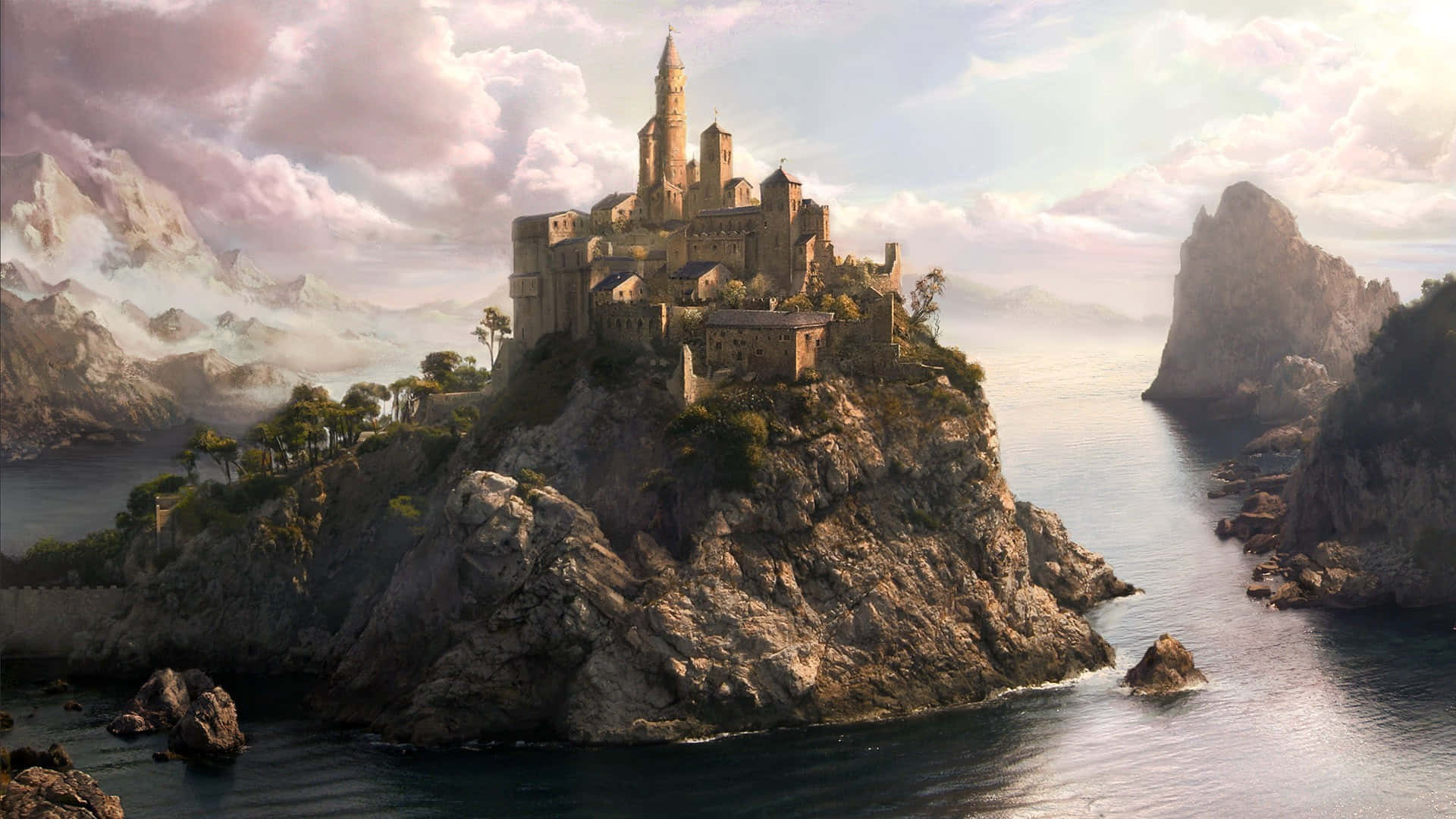 Medieval Kingdom Fantasy Castle On Cliff Background