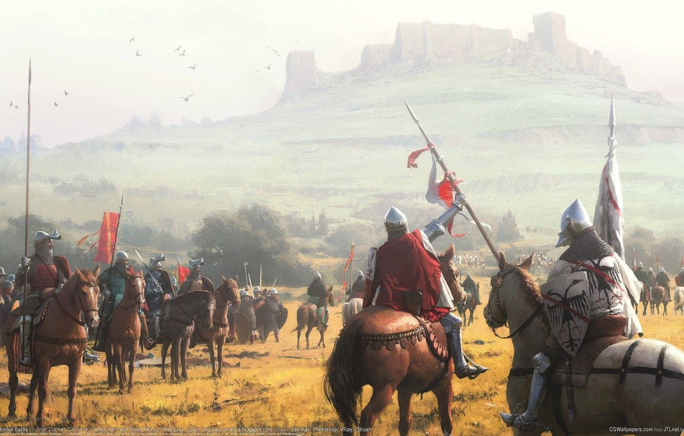 Medieval Knights On Horseback In A Field Background