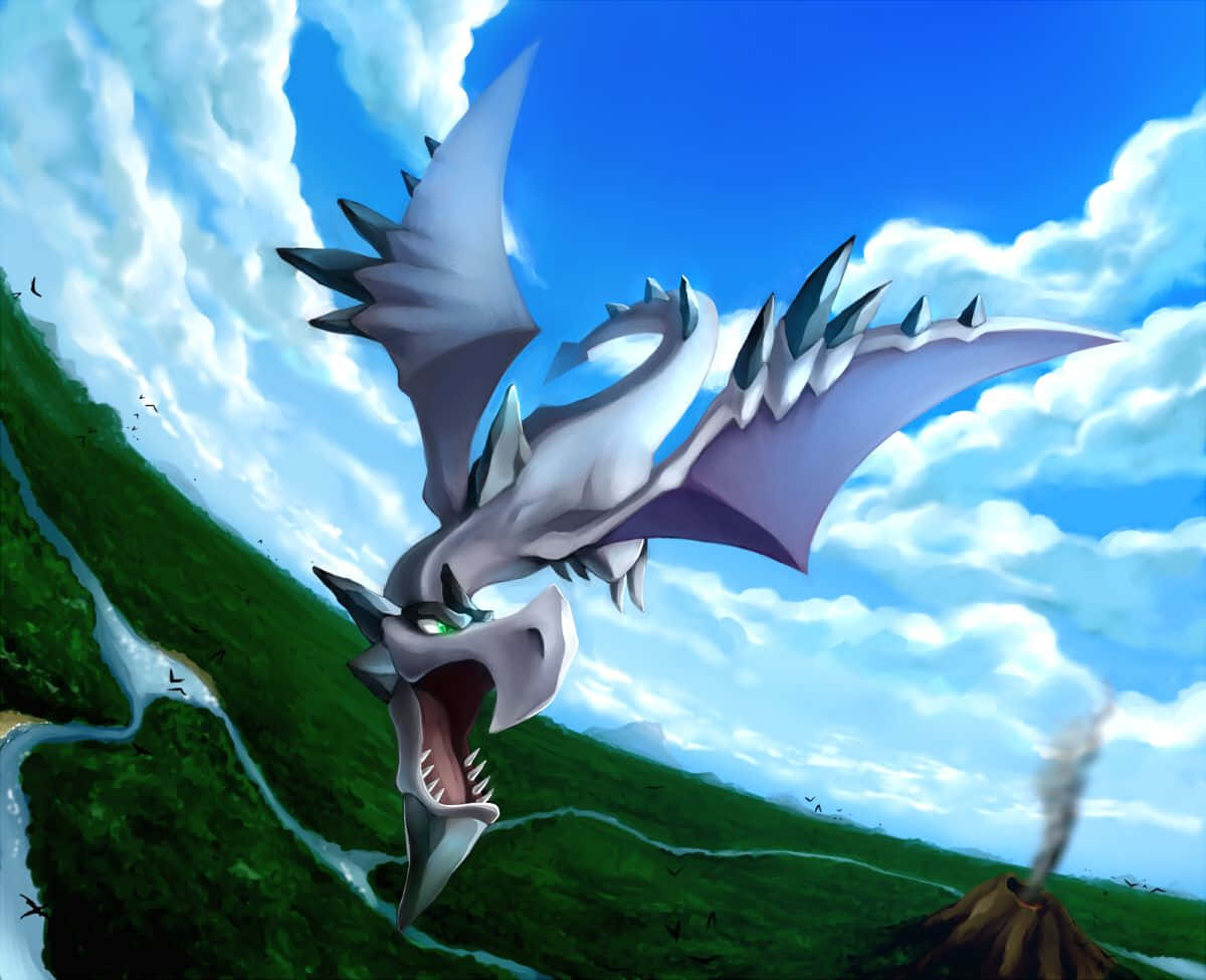 Mega Aerodactyl Flying Above Volcano Background