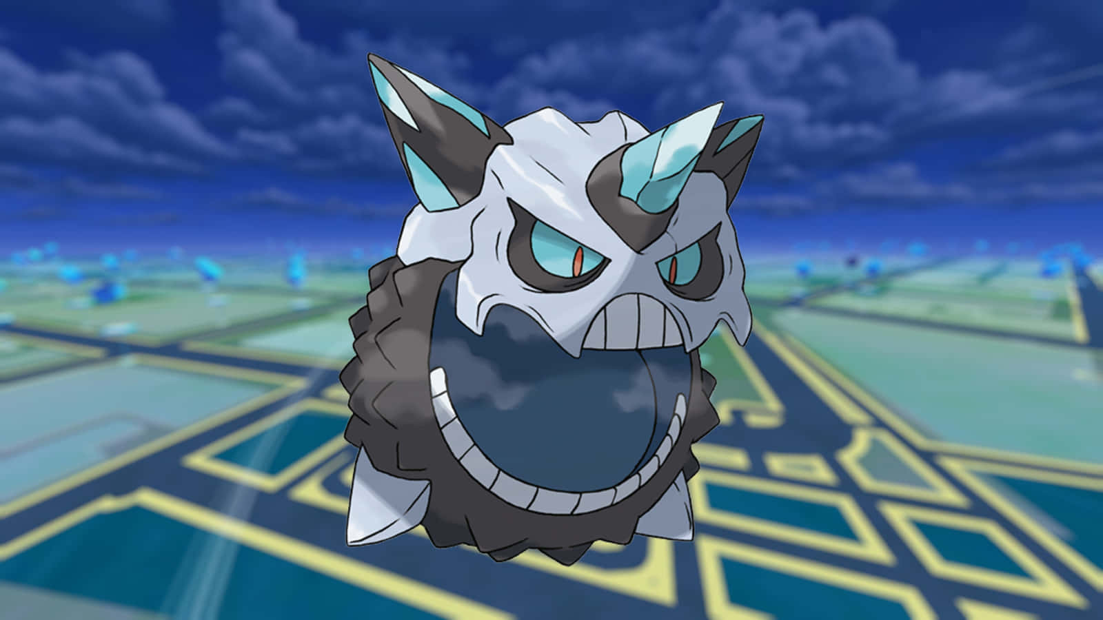 Mega Glalie With Blue City Backdrop Background