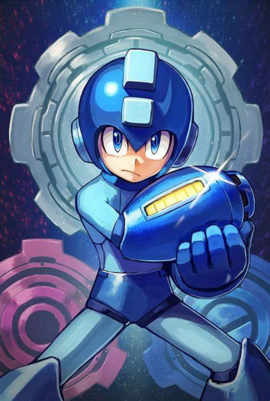 Mega Man Holding His Mega Buster Gears Art Background