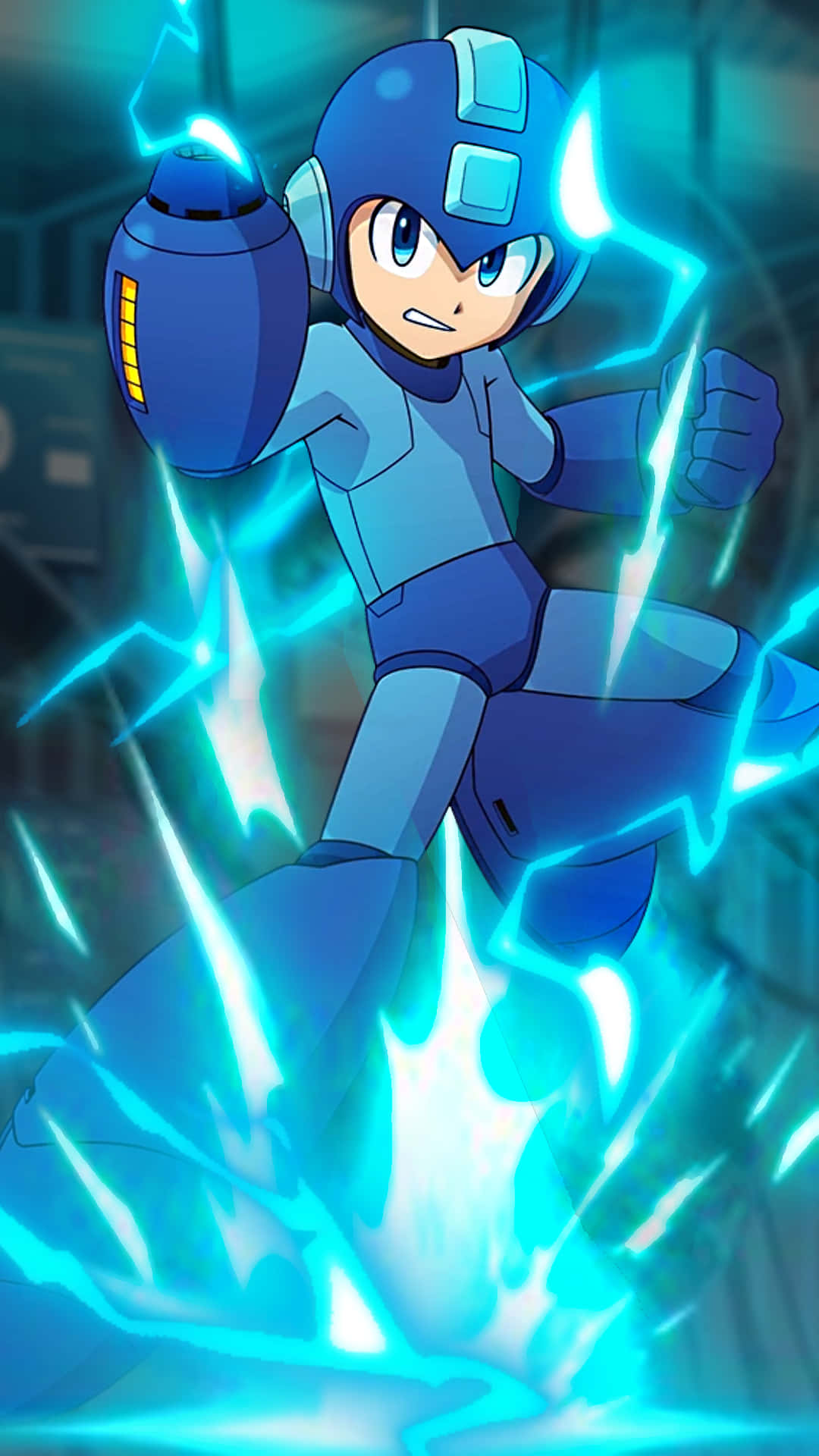 Mega Man Signature Pose Blue Sparks Background