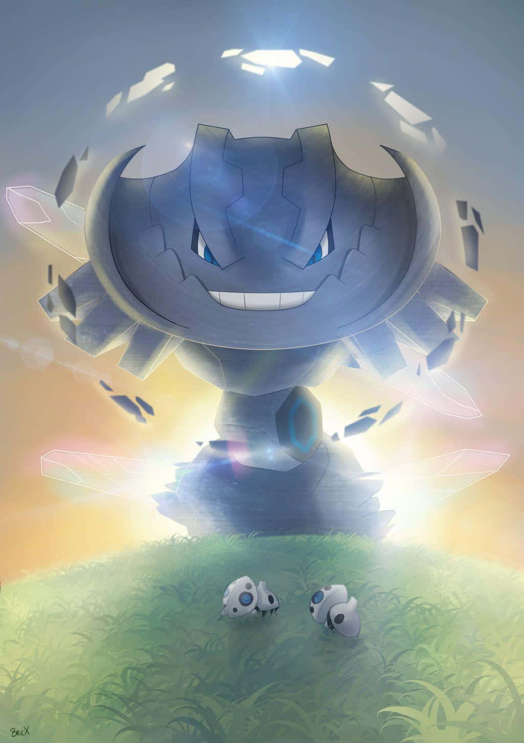 Mega Steelix Towering Over Aron Background