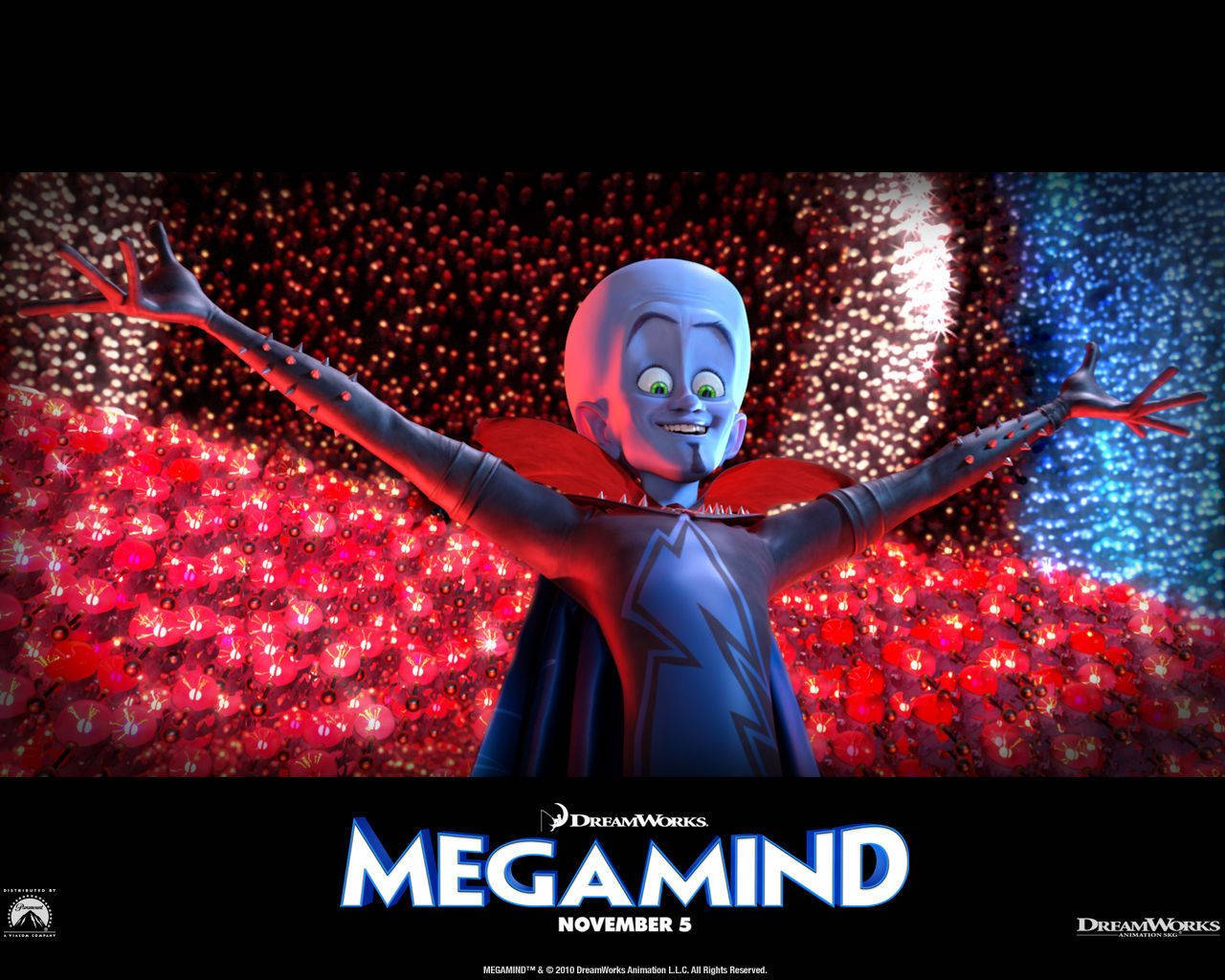 Megamind Illuminated In Red And Blue Lights