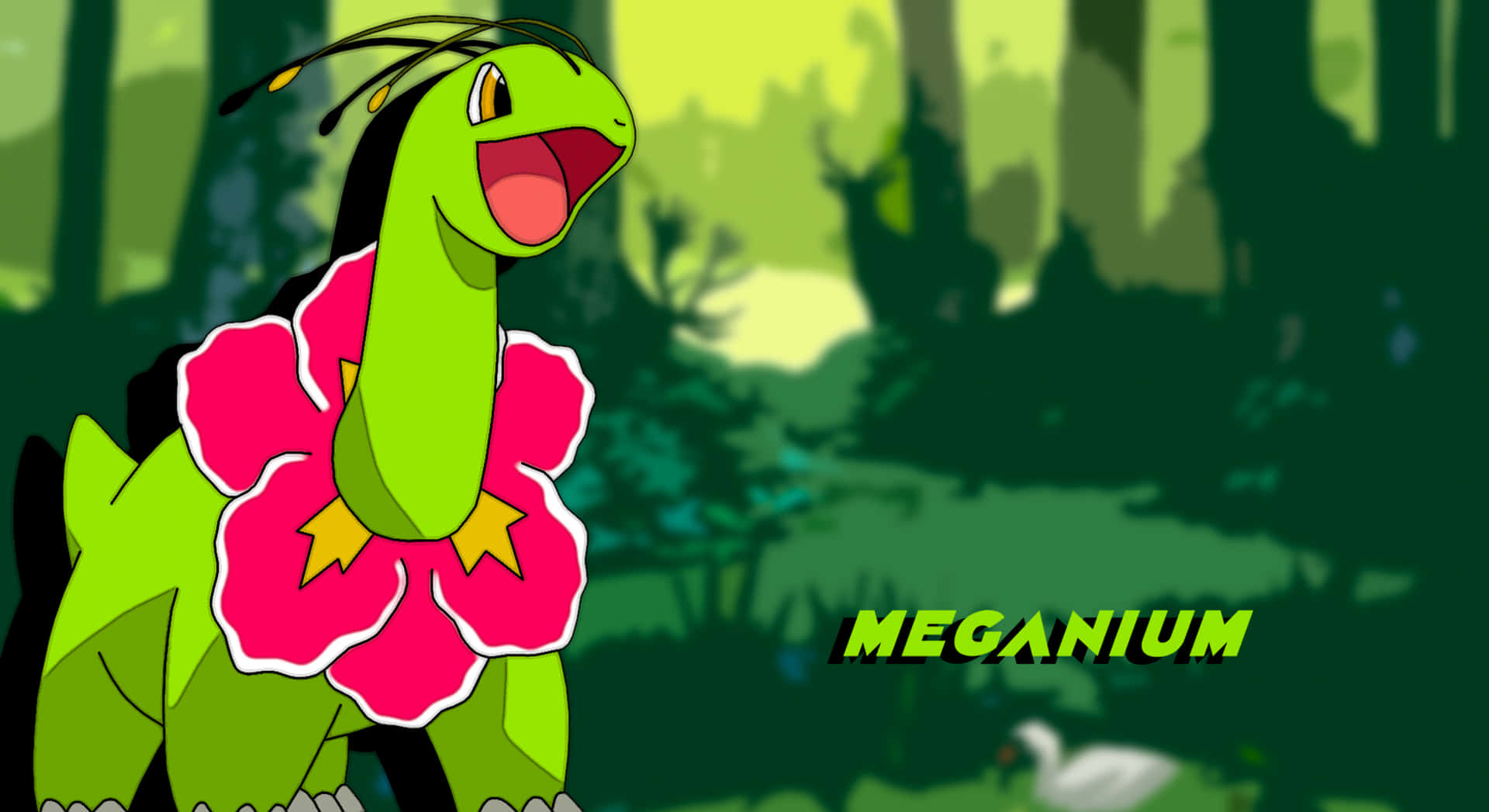 Meganium Cute 2d Illustration With Label Background